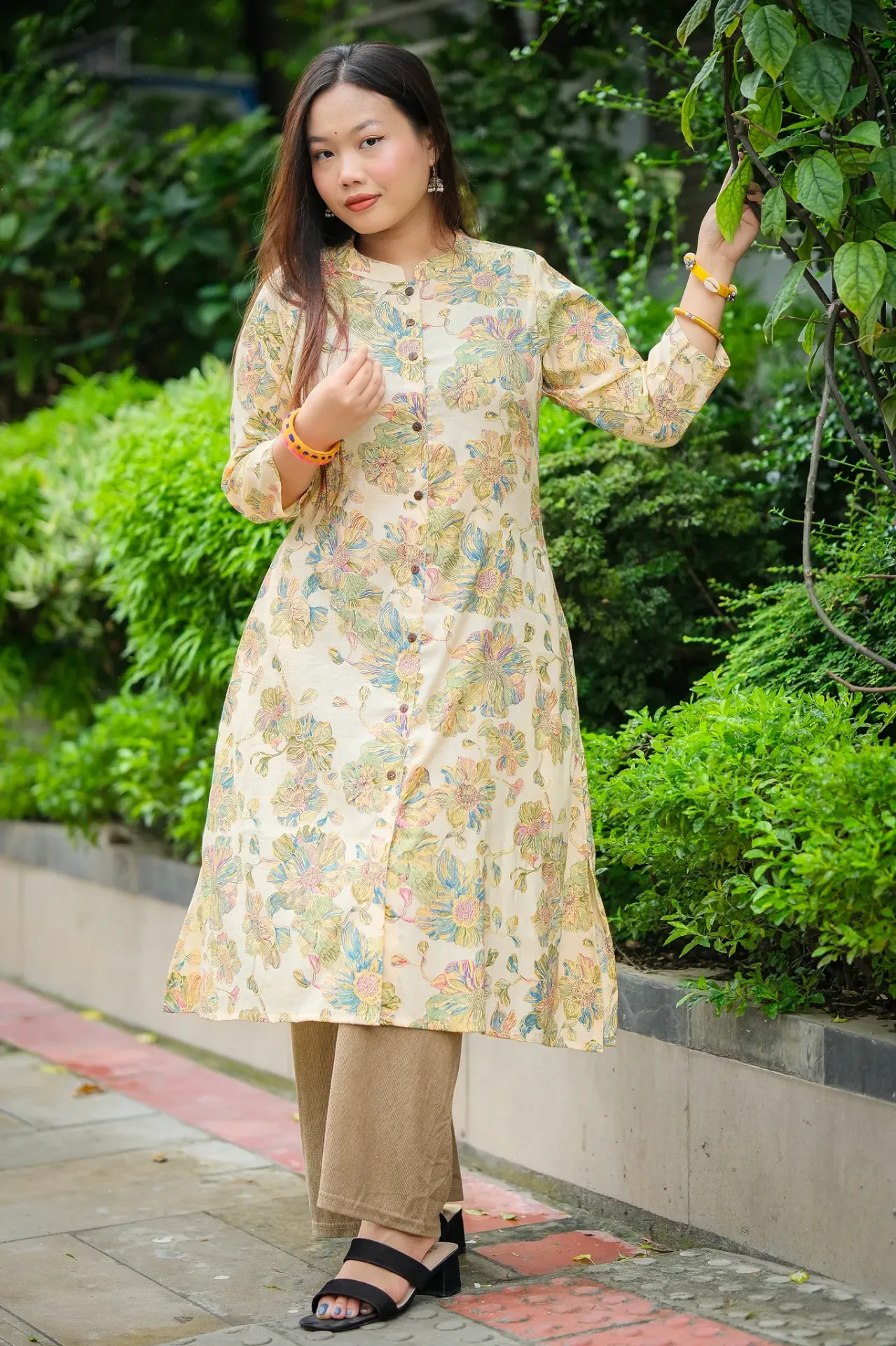 Off-white Body Multicolor Floral A-Shape Kurti