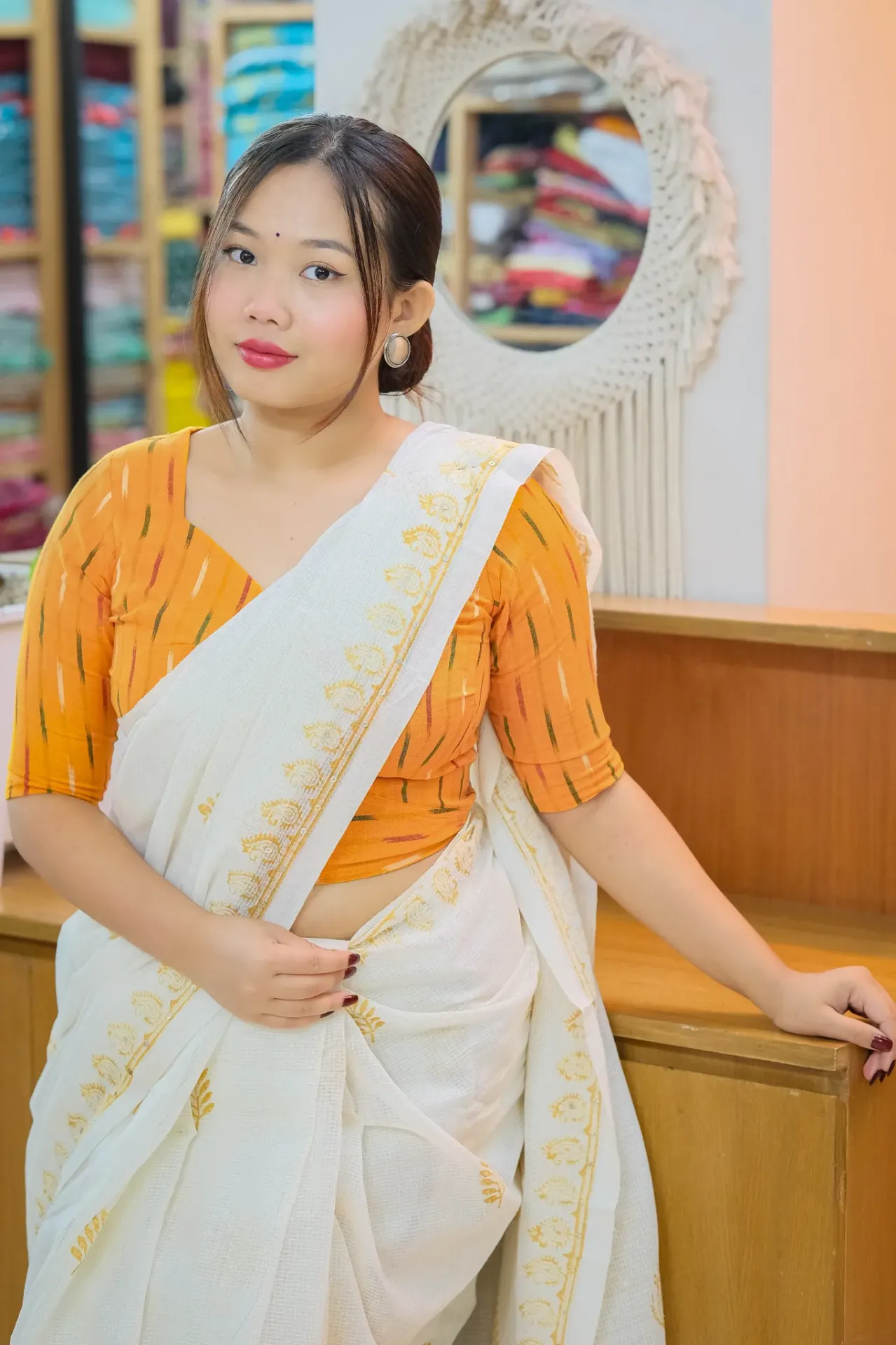[0222] Bright Orange Princes Cut Neck Ikkat Cotton Blouse (34)
