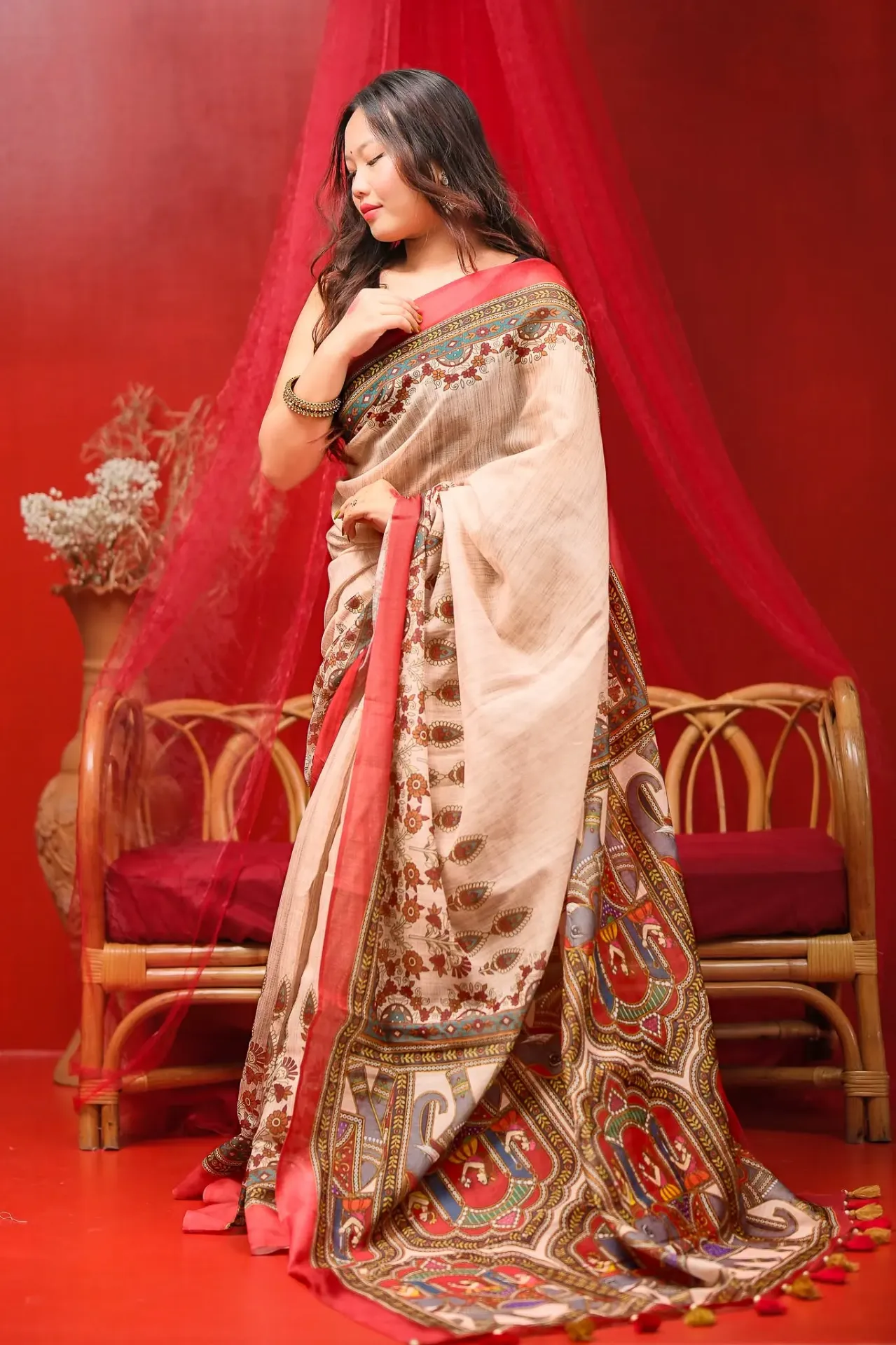 Annopurna Natural Tussar Body Red Paar Mix Cotton Sharee