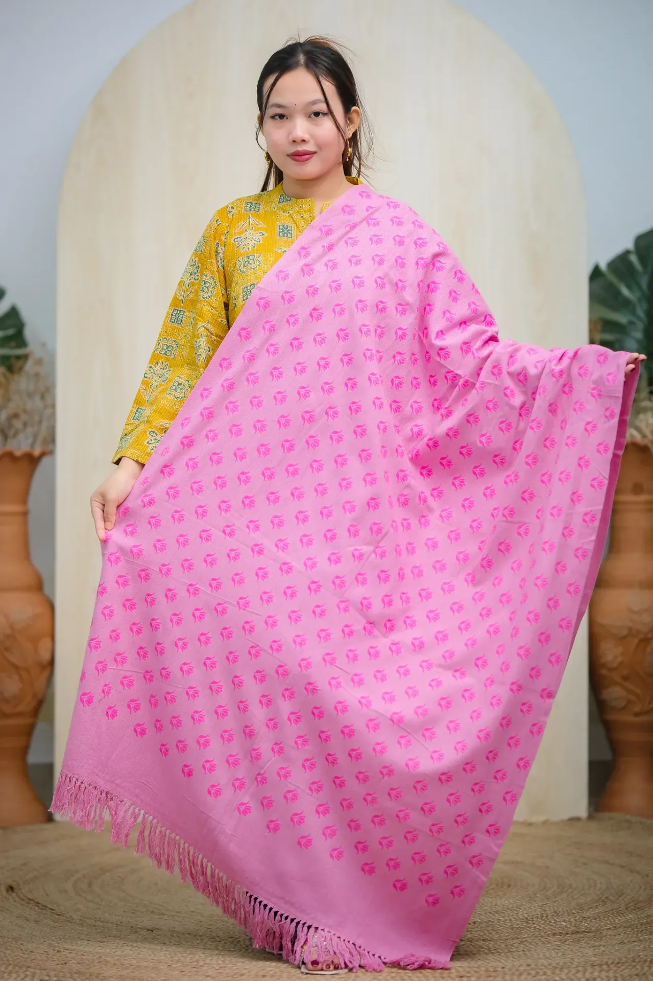Bright Pink Magenta Floral Screen Print Shawl