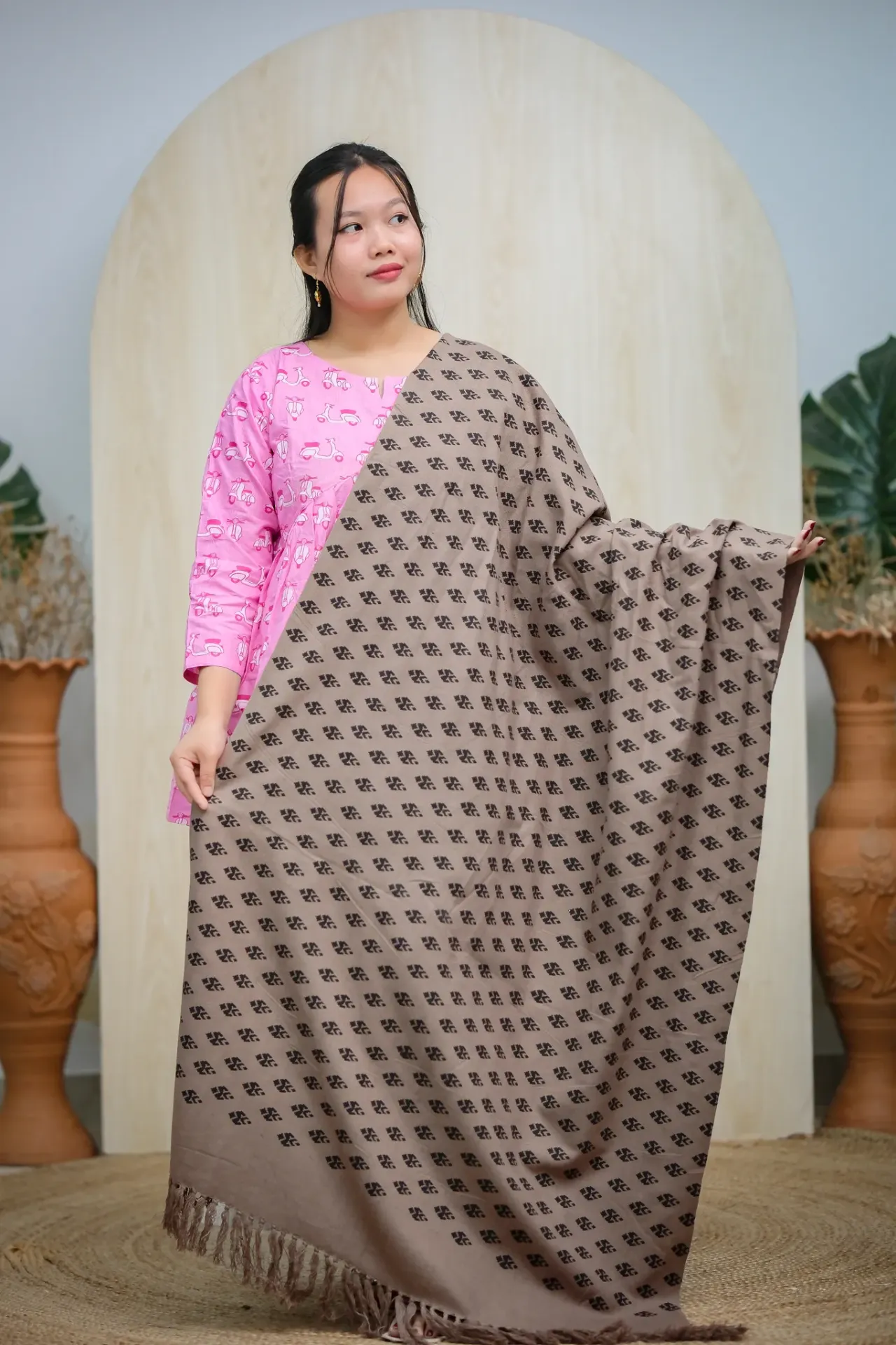 Muted taupe Geometric Shape Screen Print Shawl