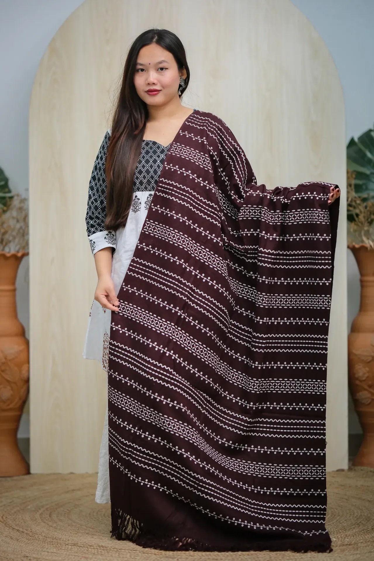 Deep Burgundy Body Zigzig Design Screen Print Shawl