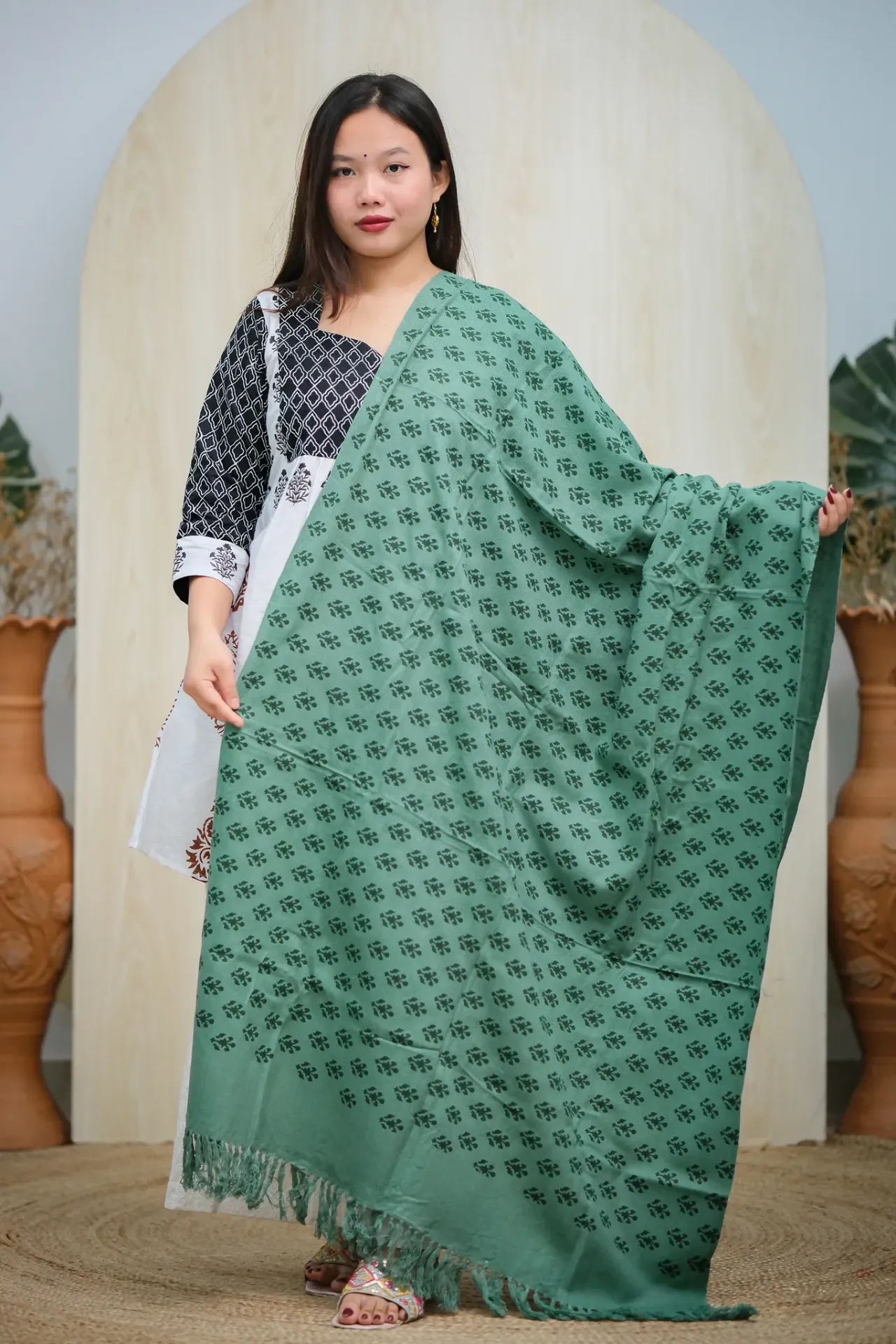 Mint Green Geometric Floral Screen Print Shawl