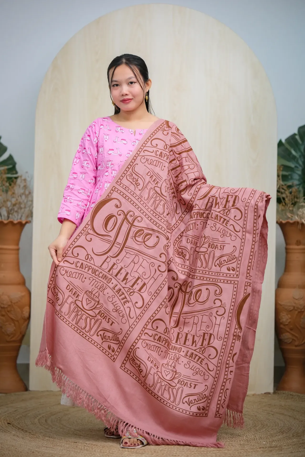 Dusty Rose Color Body Chocolate Coffee Theme Screen Print Shawl