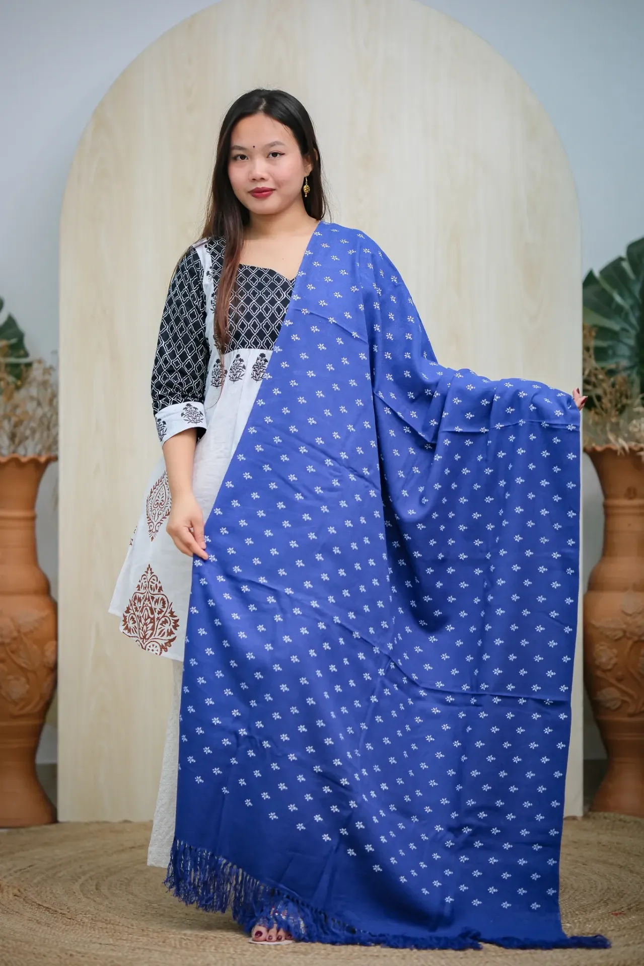 Royal Blue White Floral Screen Print Shawl