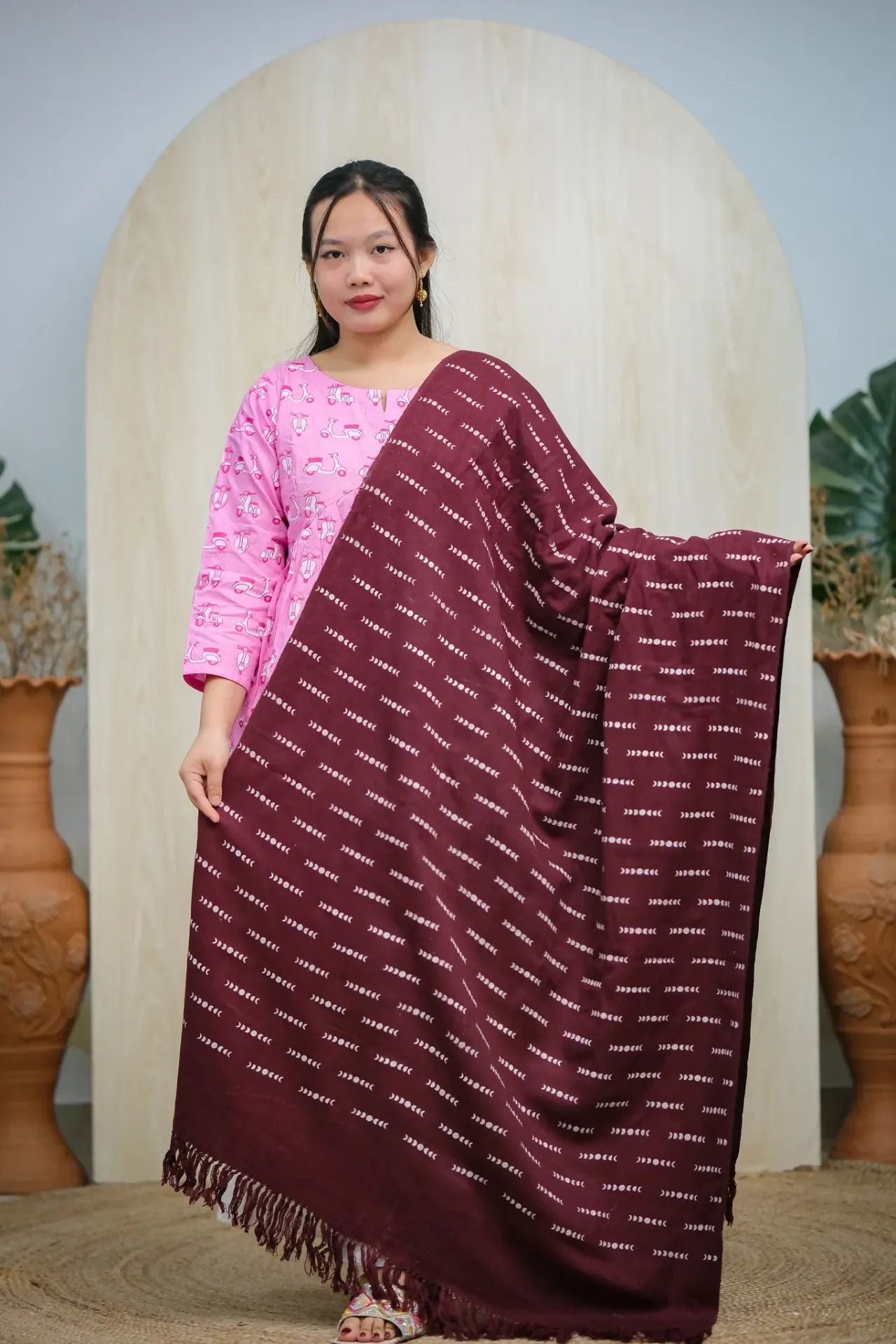 Dark Plum Body White Design Screen Print Shawl