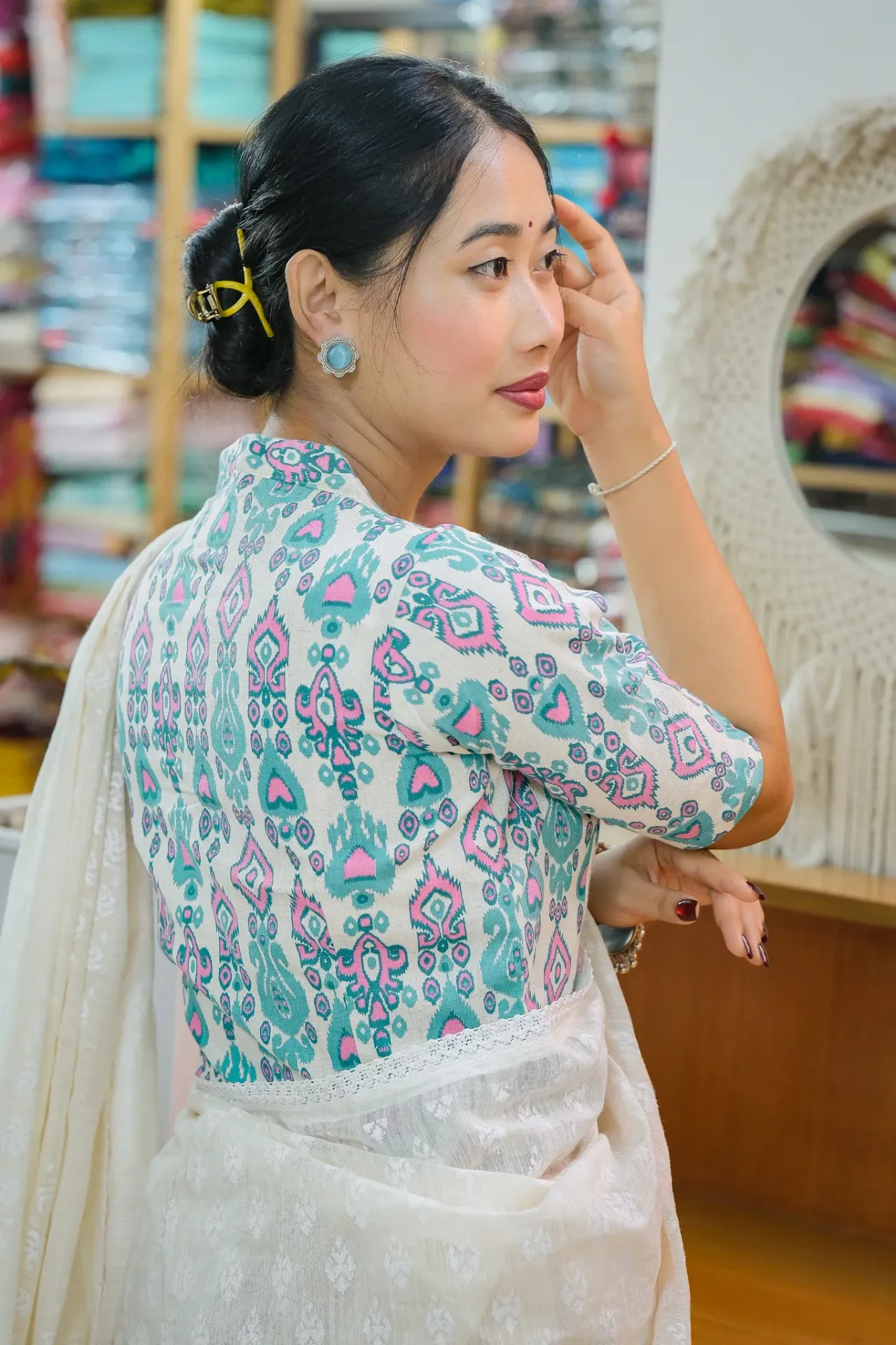 [0222] Off-white Teal Blue Magenta Ikkat Blouse (34)