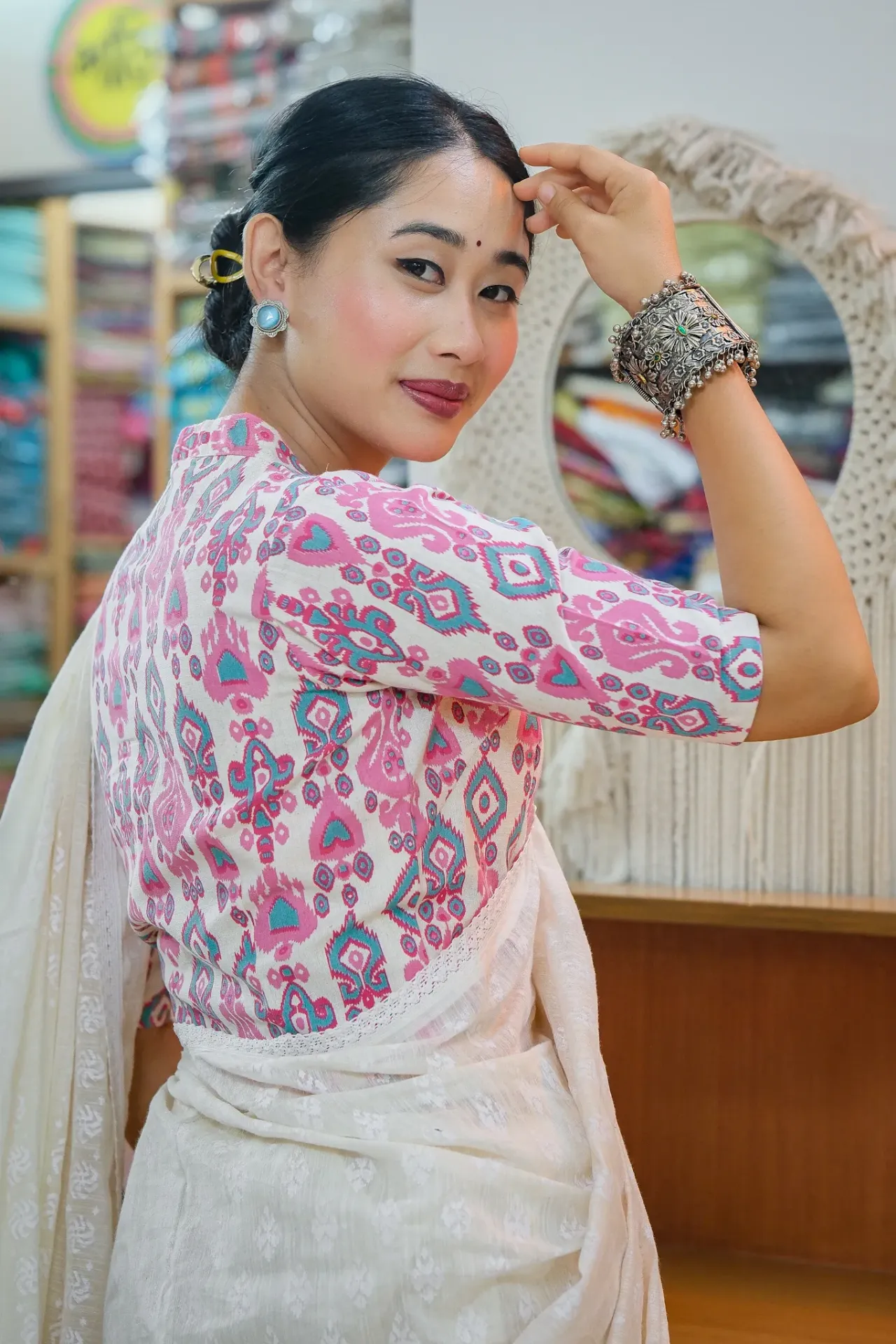Off-white Pink Teal Blue Ikkat Blouse