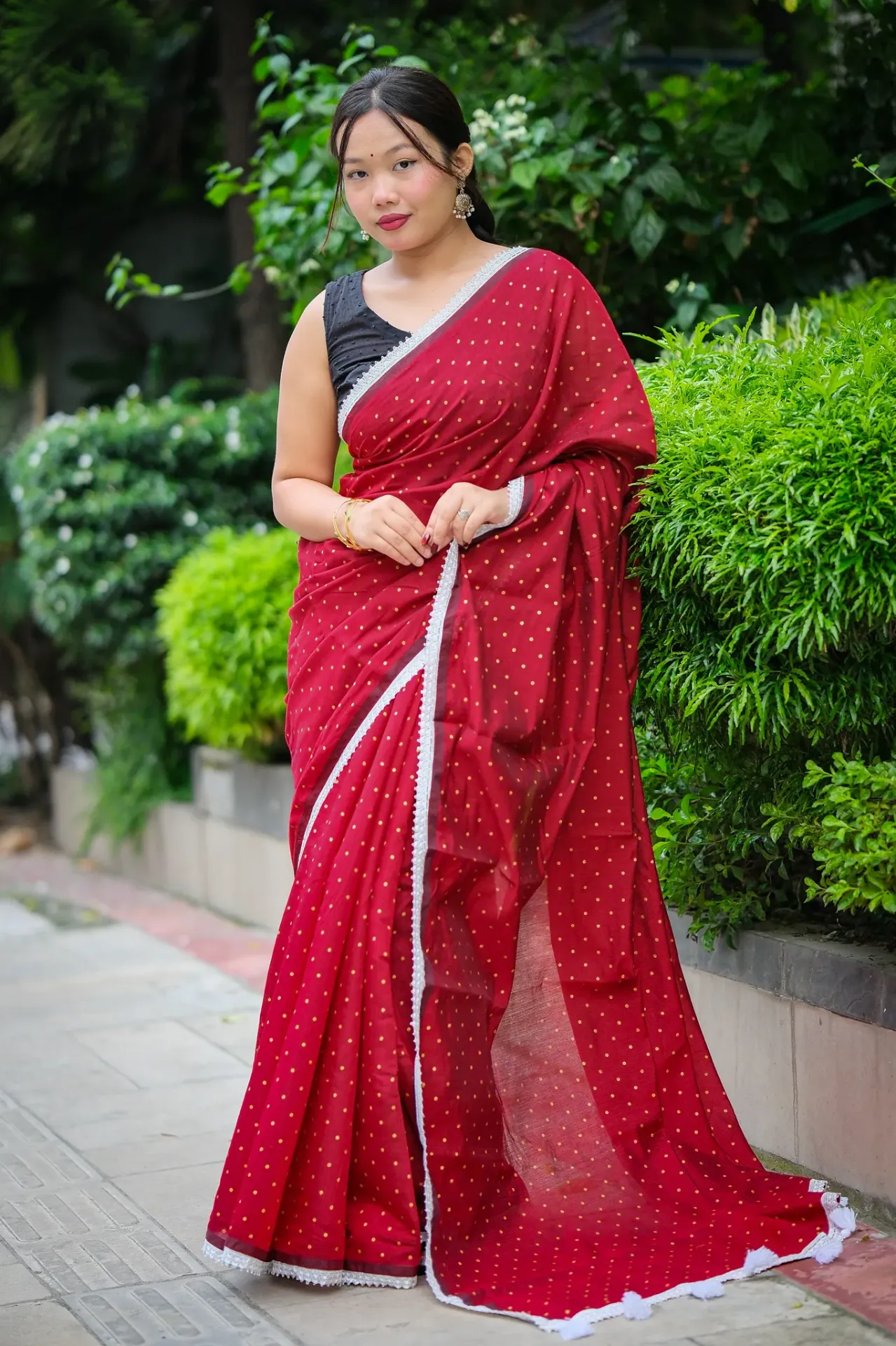 Maroon Body Golden Polka Dots Screen Print Half Silk Sharee
