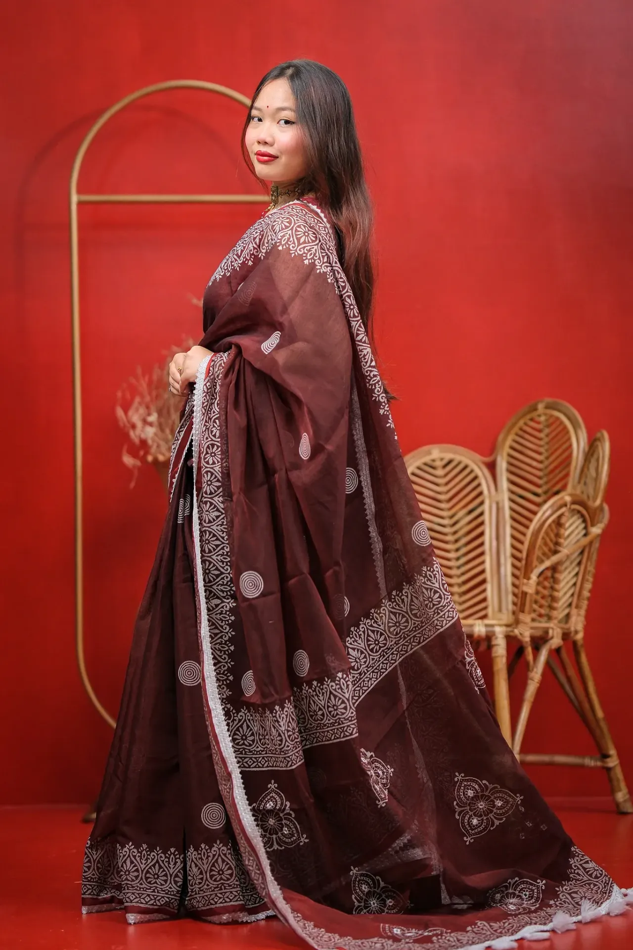 Dark Chocolate Body Off-white Floral Anchal Hand Work Sharee