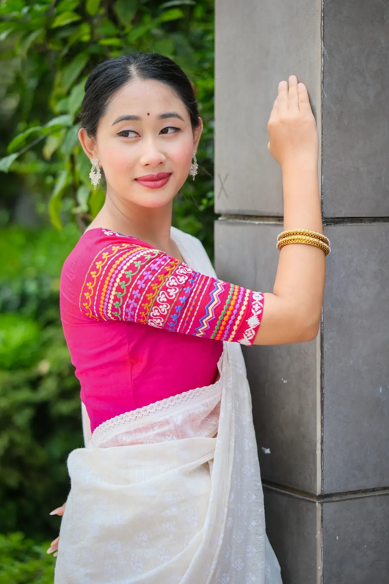 Magenta Multicolor Floral Sleeve Embroidery Blouse
