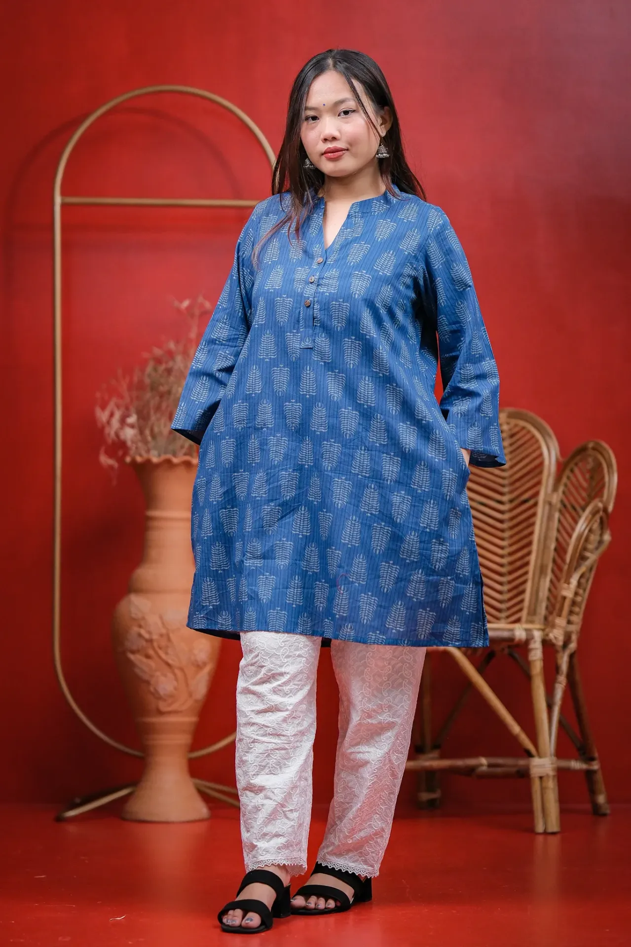 Light Blue Palm Leaf Motifs A-Shape Kurti