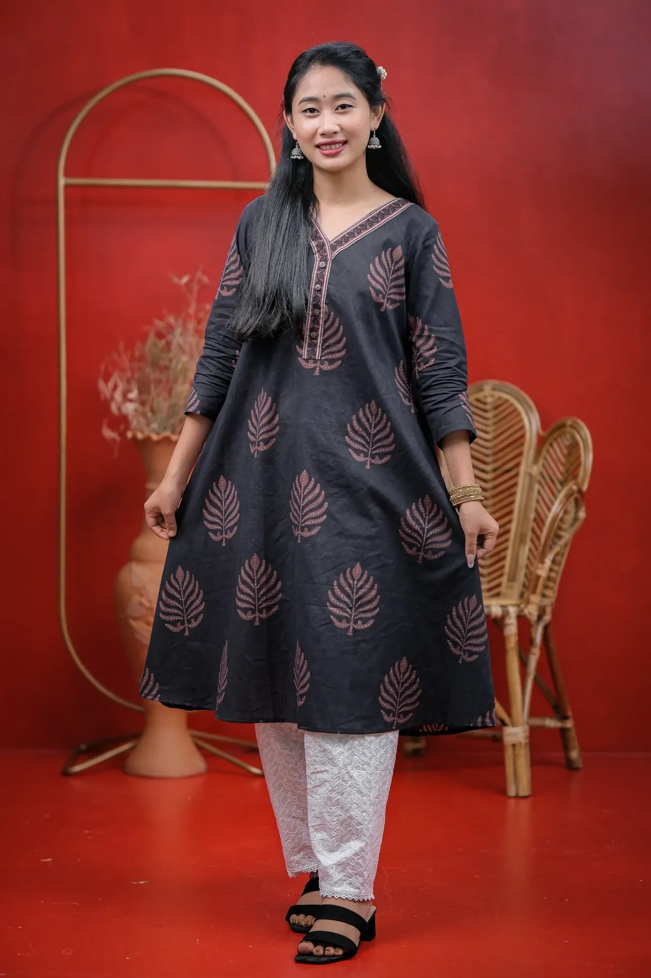 Charcoal Black Brown Leaf Motif Frock