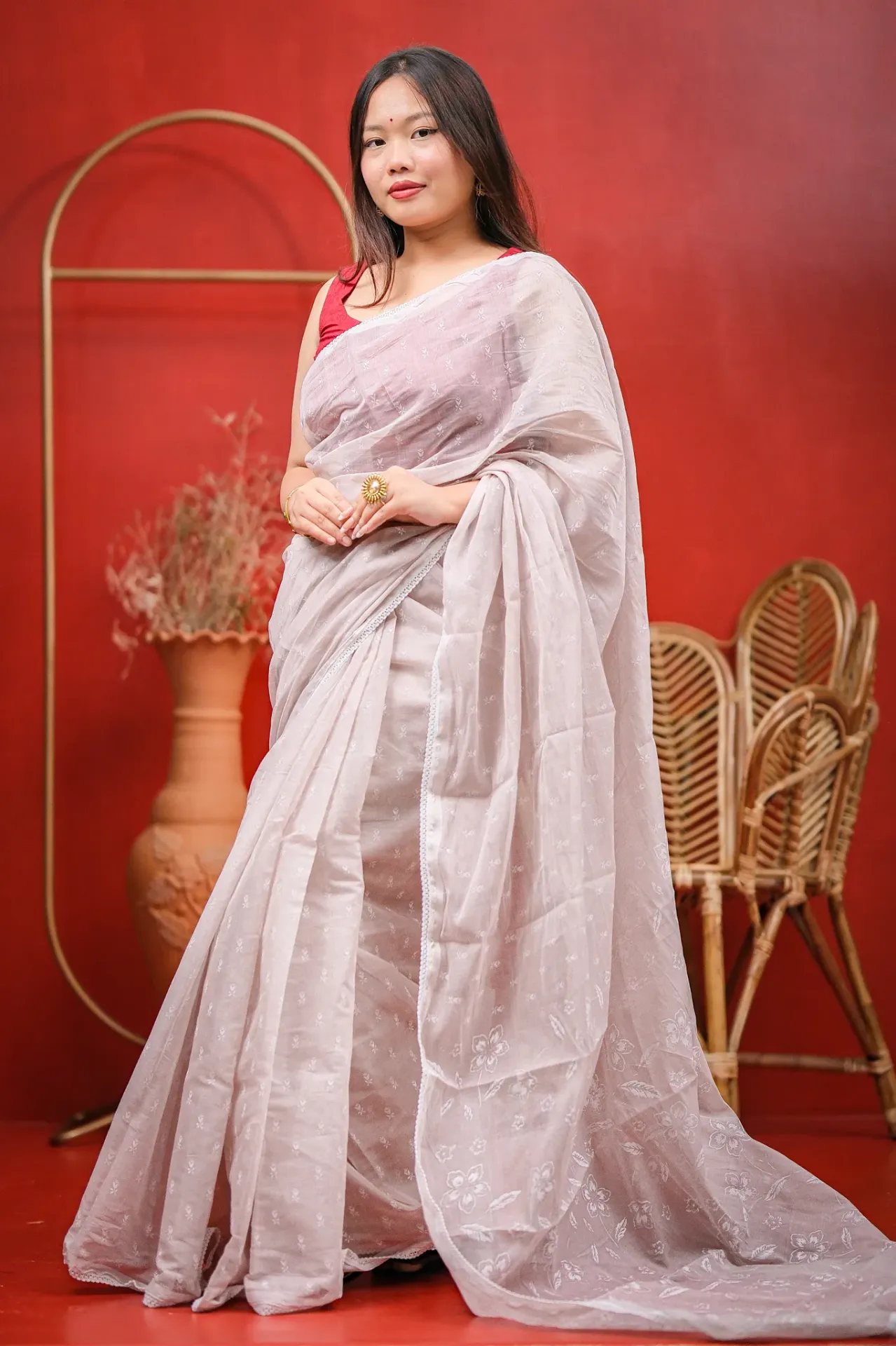 Mauve Body Off-white Floral Anchal Screen Print Half Silk Sharee