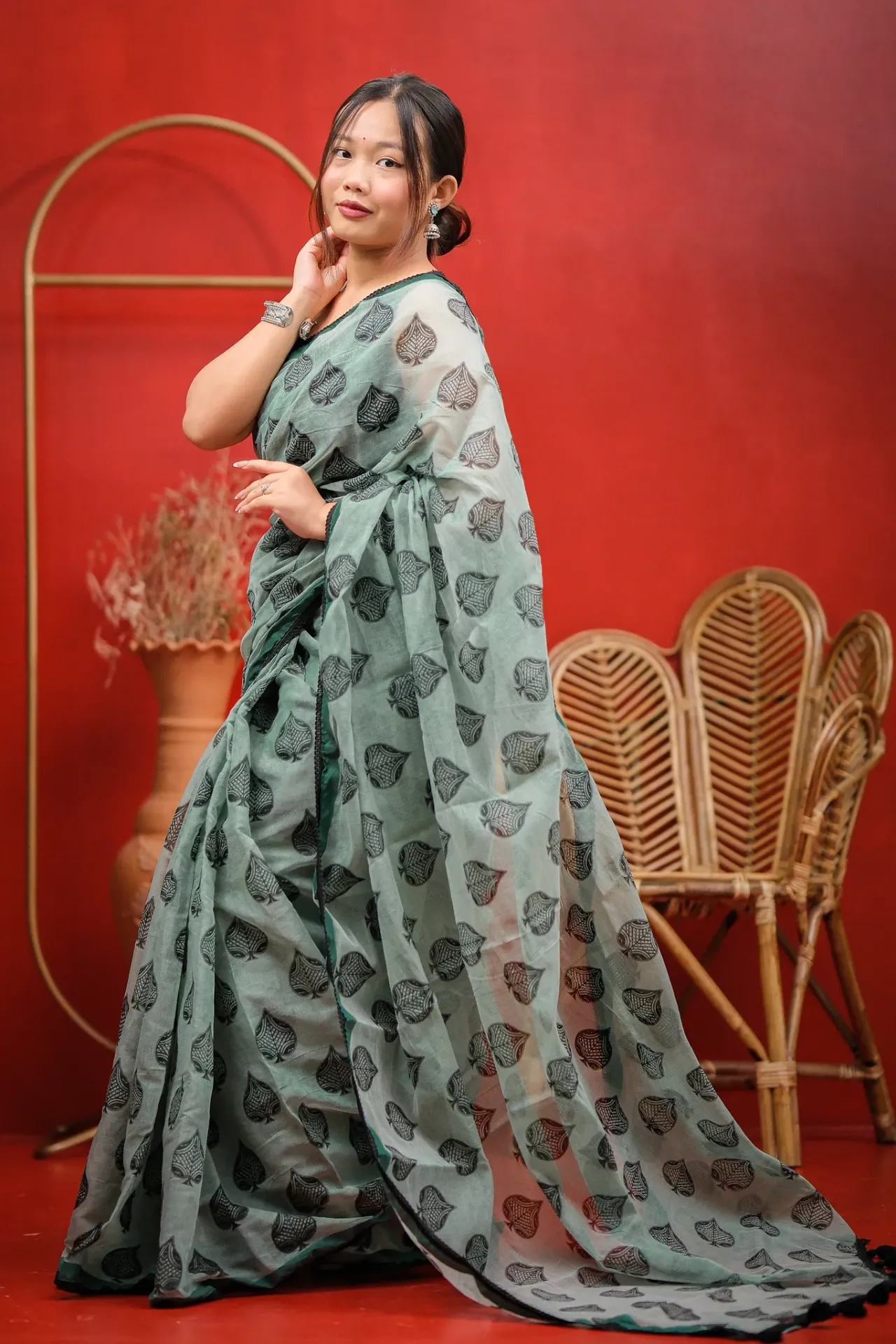 Mint Body Black Leaf Motifs Screen Print Half Silk Sharee