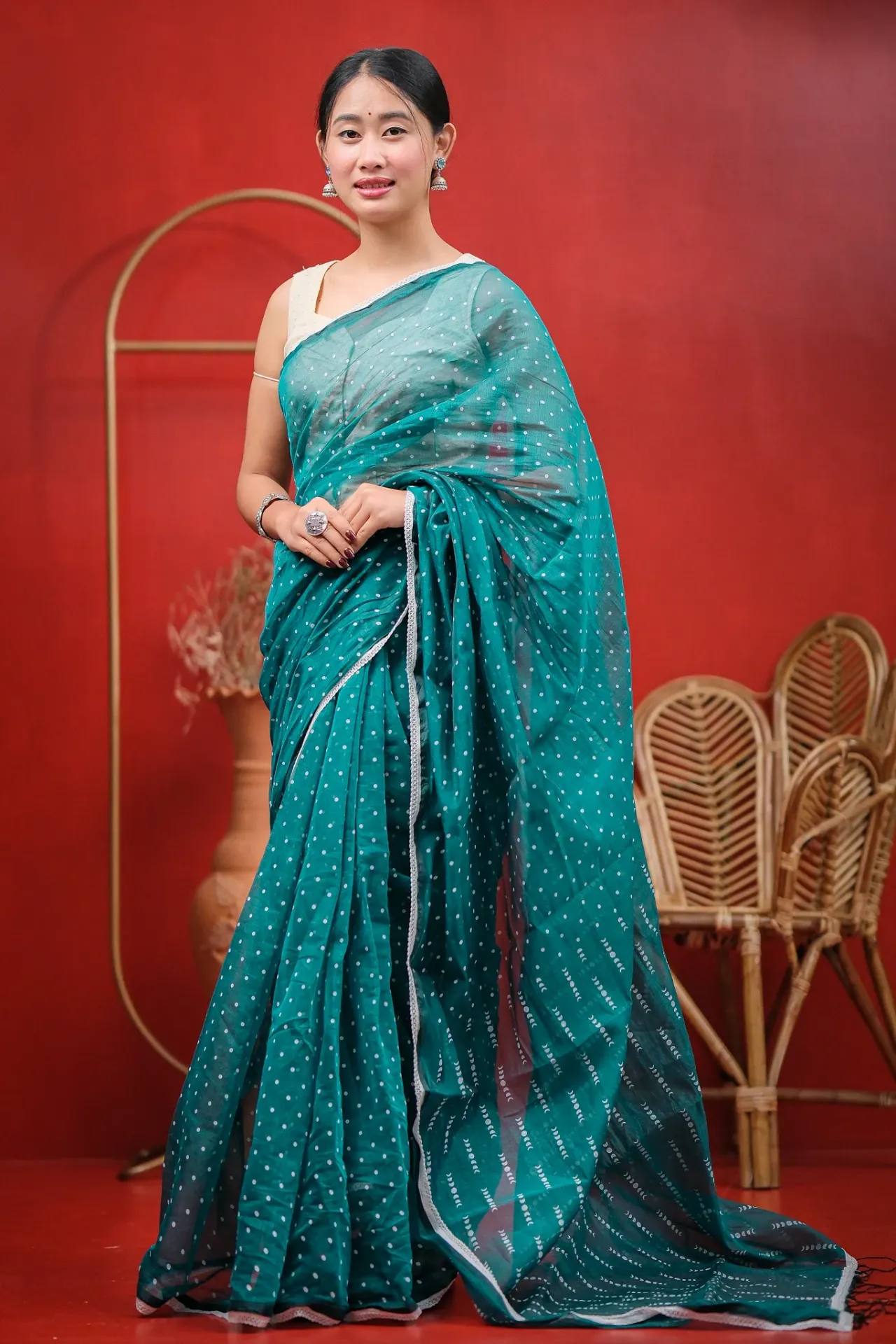 Teal Blue Body White Polka Dots Screen Print Half Silk Sharee