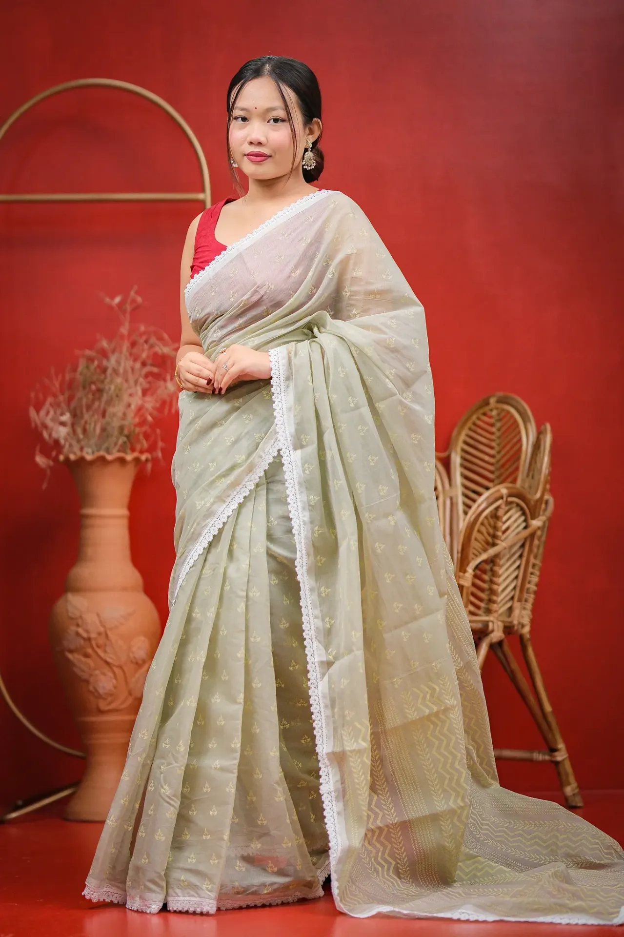 Sage Green Body Mint Zigzag Anchal Screen Print Half Silk Sharee