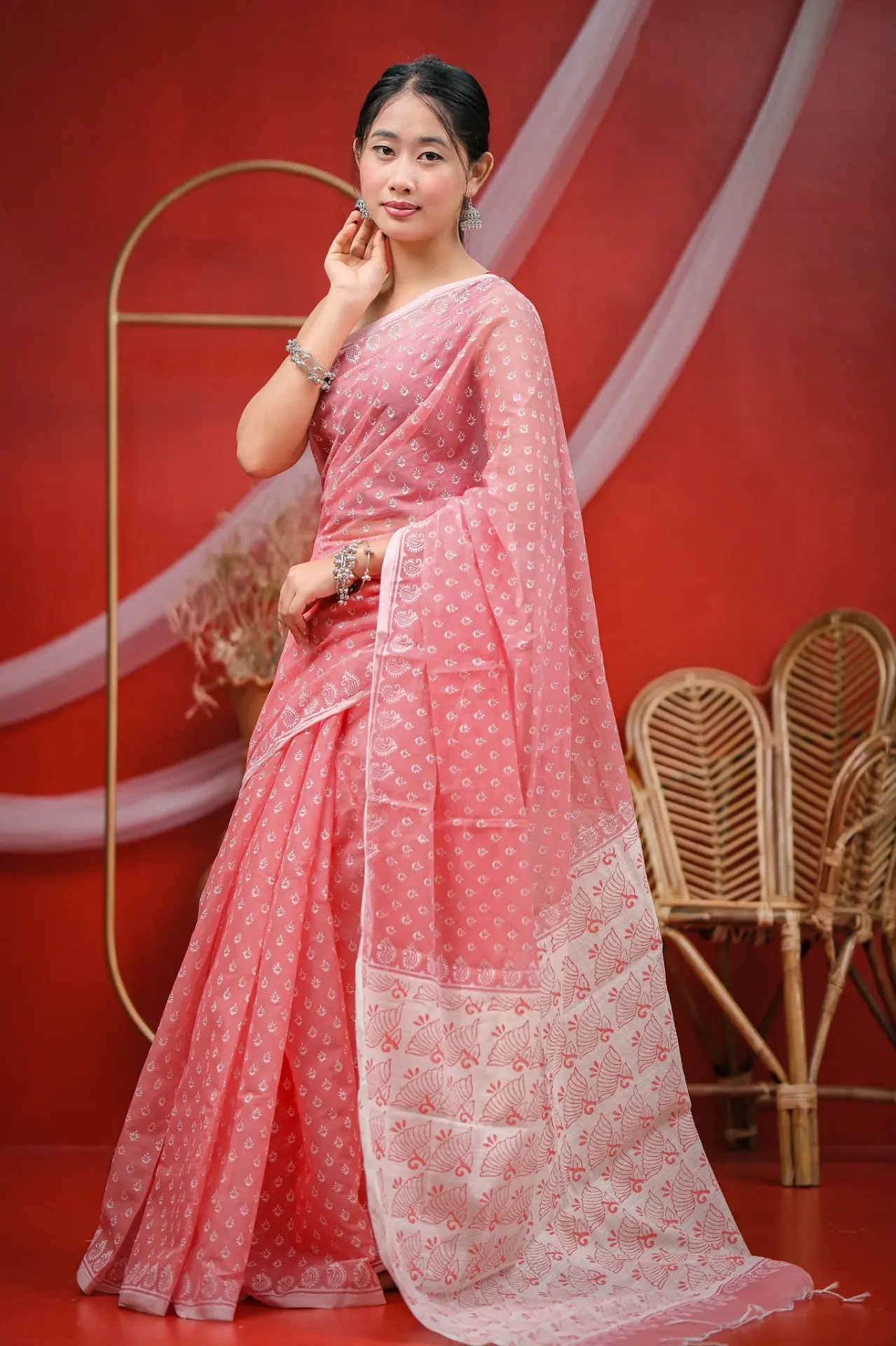 [0102] Rose Pink Body Off-White Anchal White Small Design Screen Print Half Silk Sharee