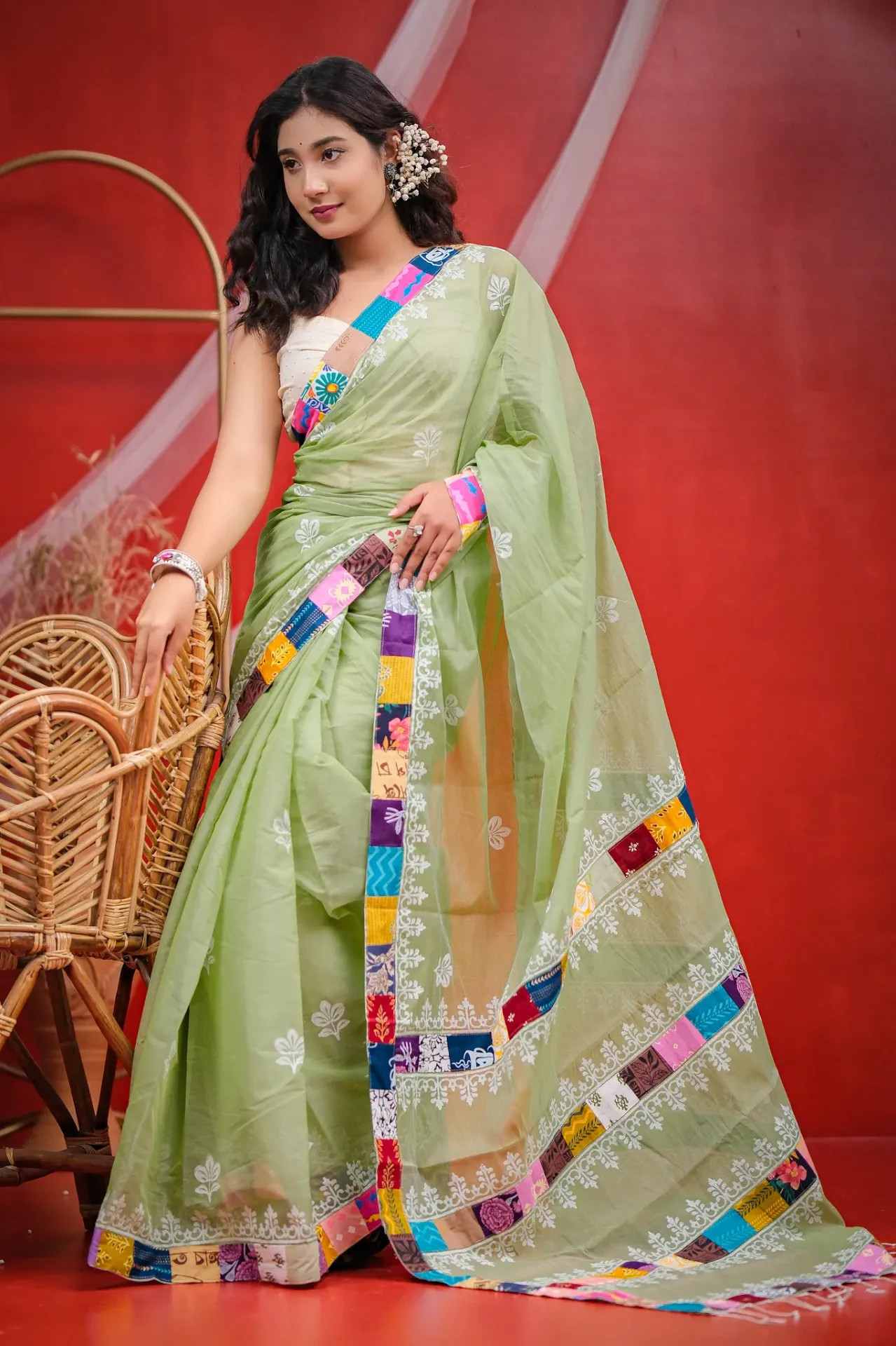 Sage Green Body White Tree Motif Anchal Patchwork Sharee