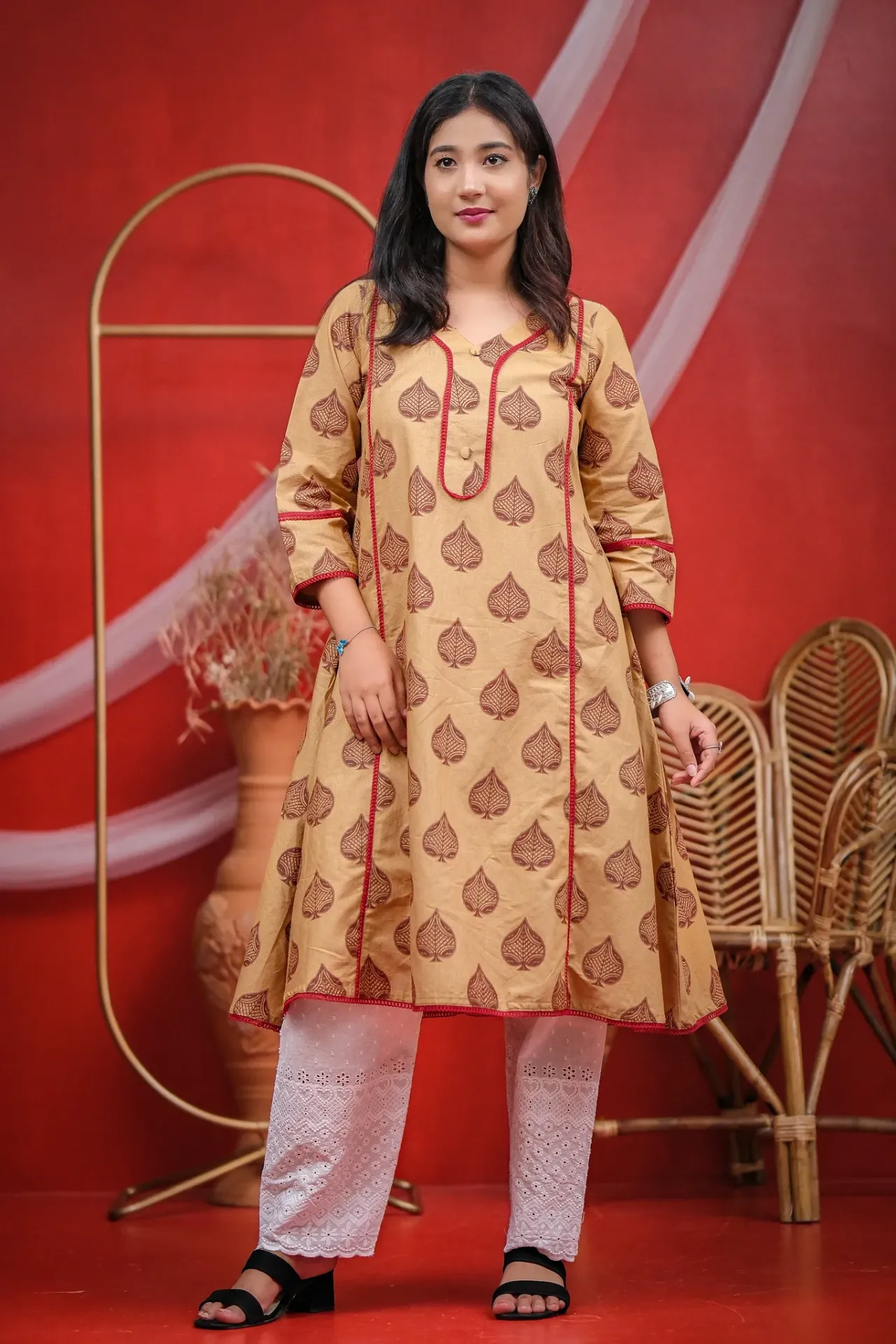 Beige Maroon Spade Motifs Frock