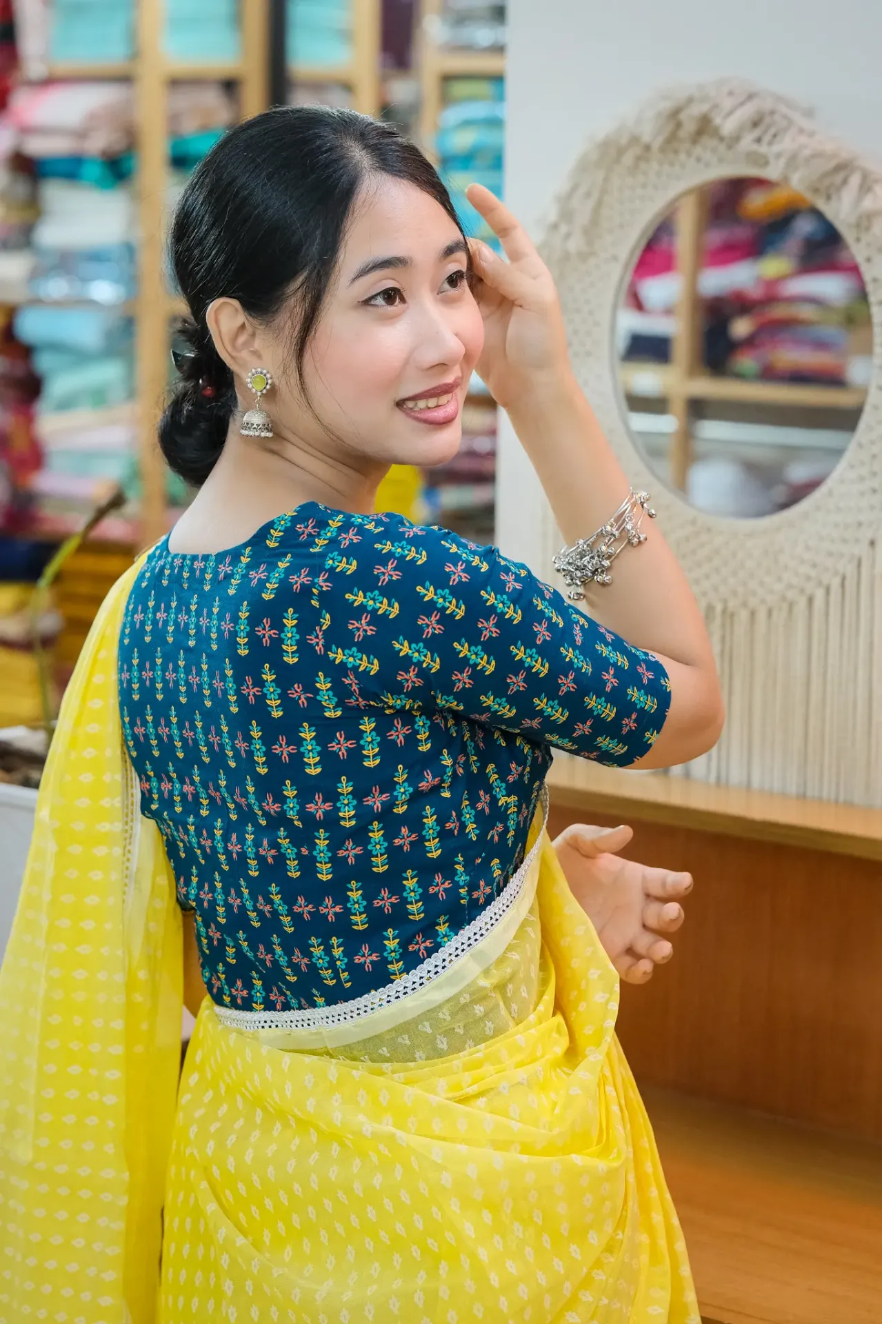 [0204] Deep Teal Cyan Mustard Yellow Small Flower Screen Print Cotton Blouse (34)