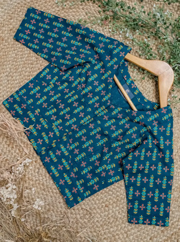 Deep Teal Cyan Mustard Yellow Small Flower Screen Print Cotton Blouse