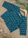 Deep Teal Cyan Mustard Yellow Small Flower Screen Print Cotton Blouse