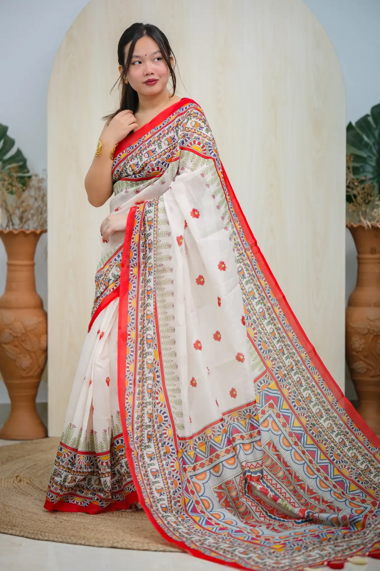 Off-White Body Multicolor Geomatric Red Borders Mix Cotton Sharee