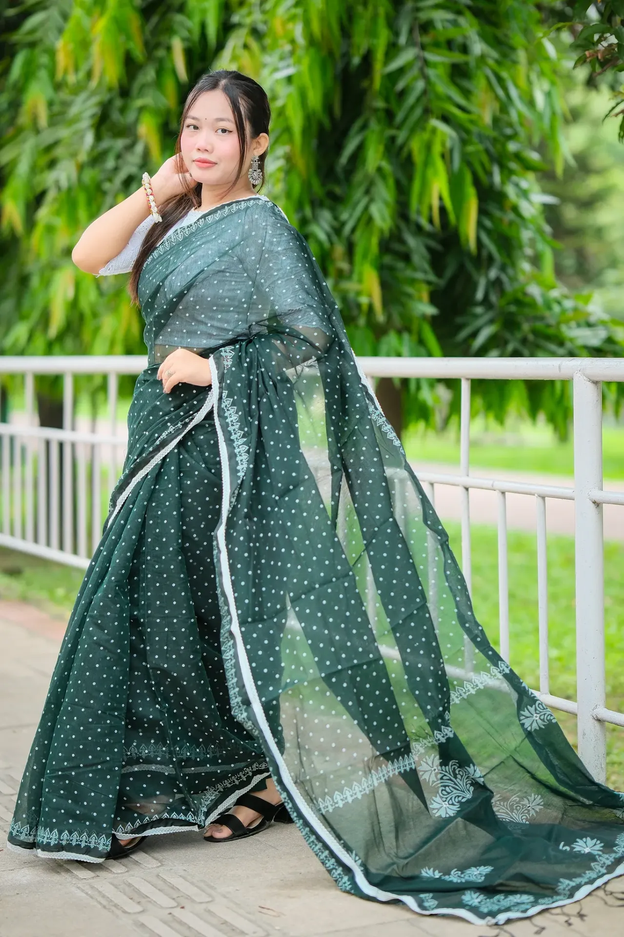 Moss Green Body White Floral Motif Hand Work Sharee