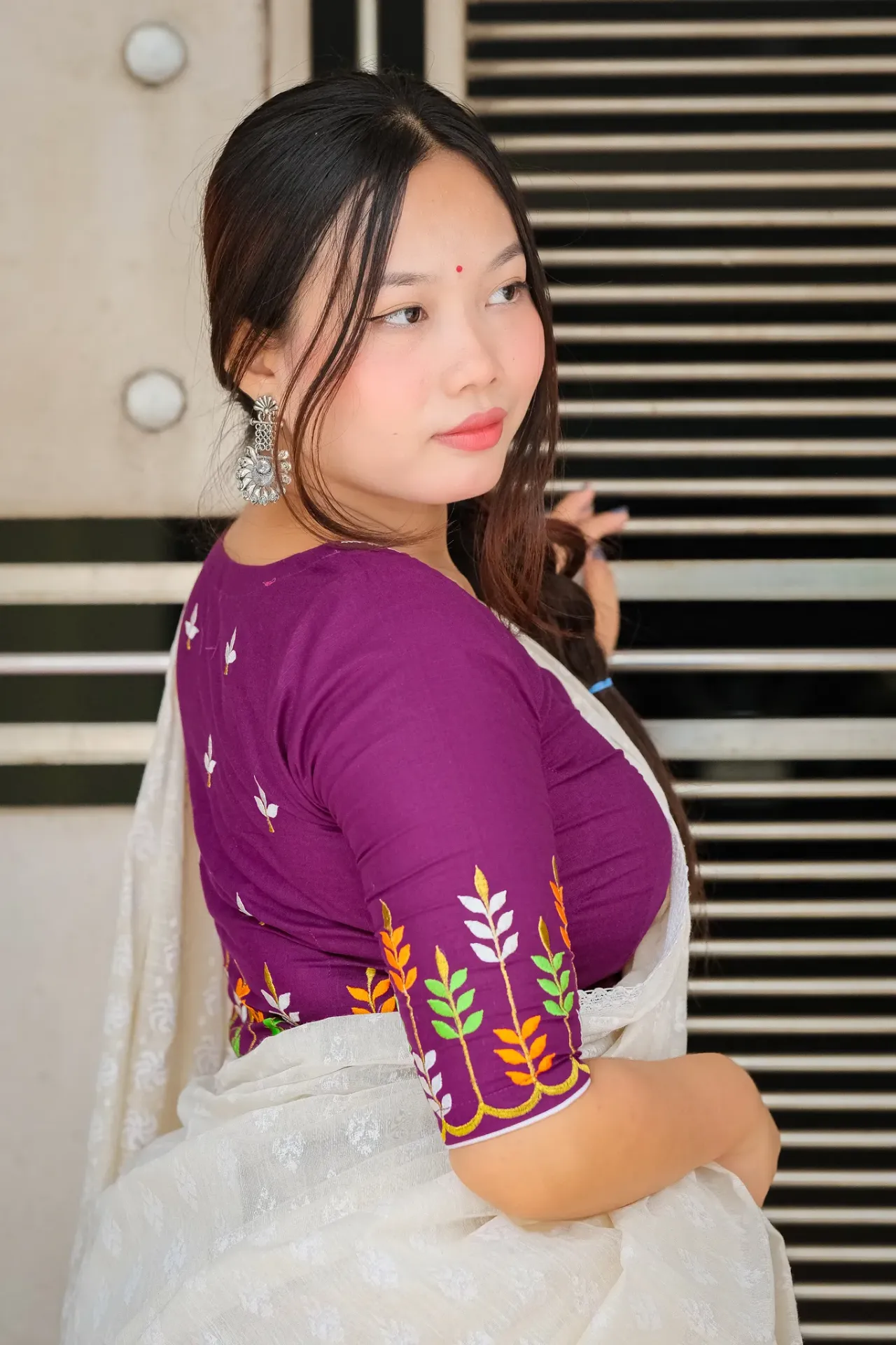 Purple Multi Color Leaf Embroidery Blouse