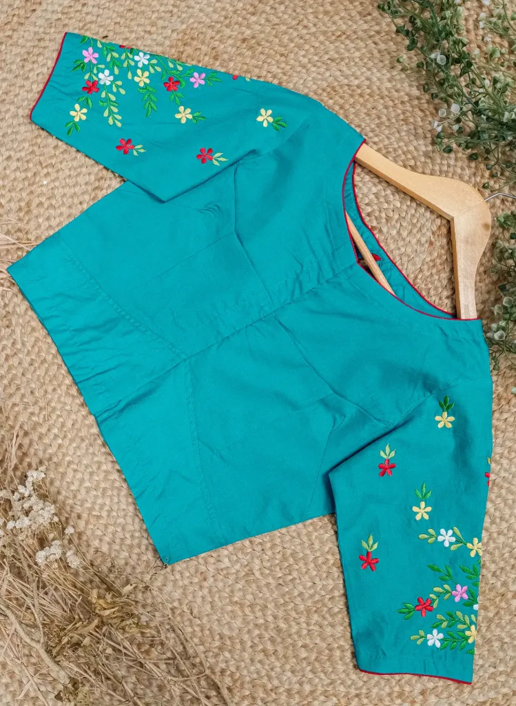 Teal Blue Floral Embroidery Blouse