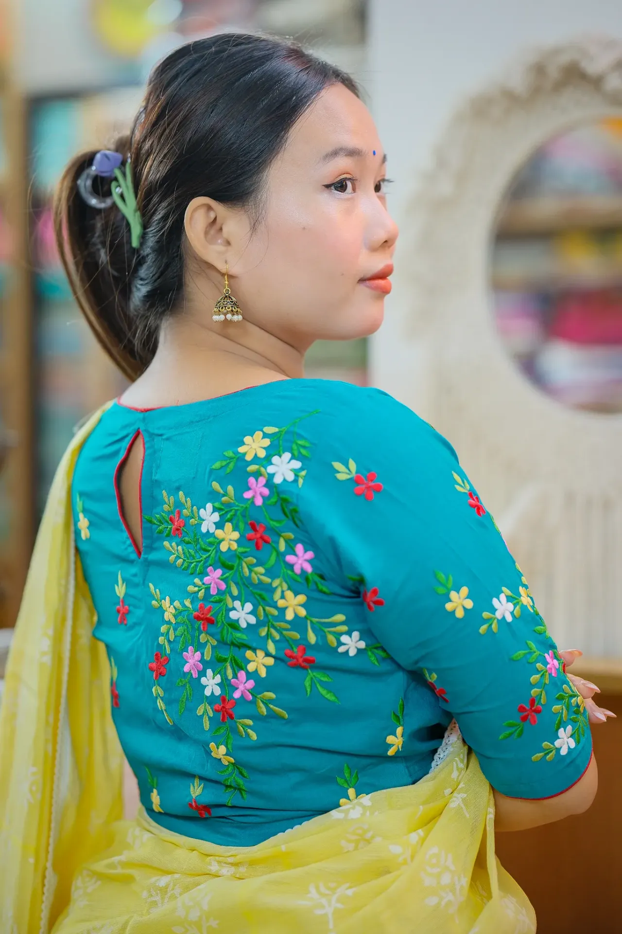 Teal Blue Floral Embroidery Blouse