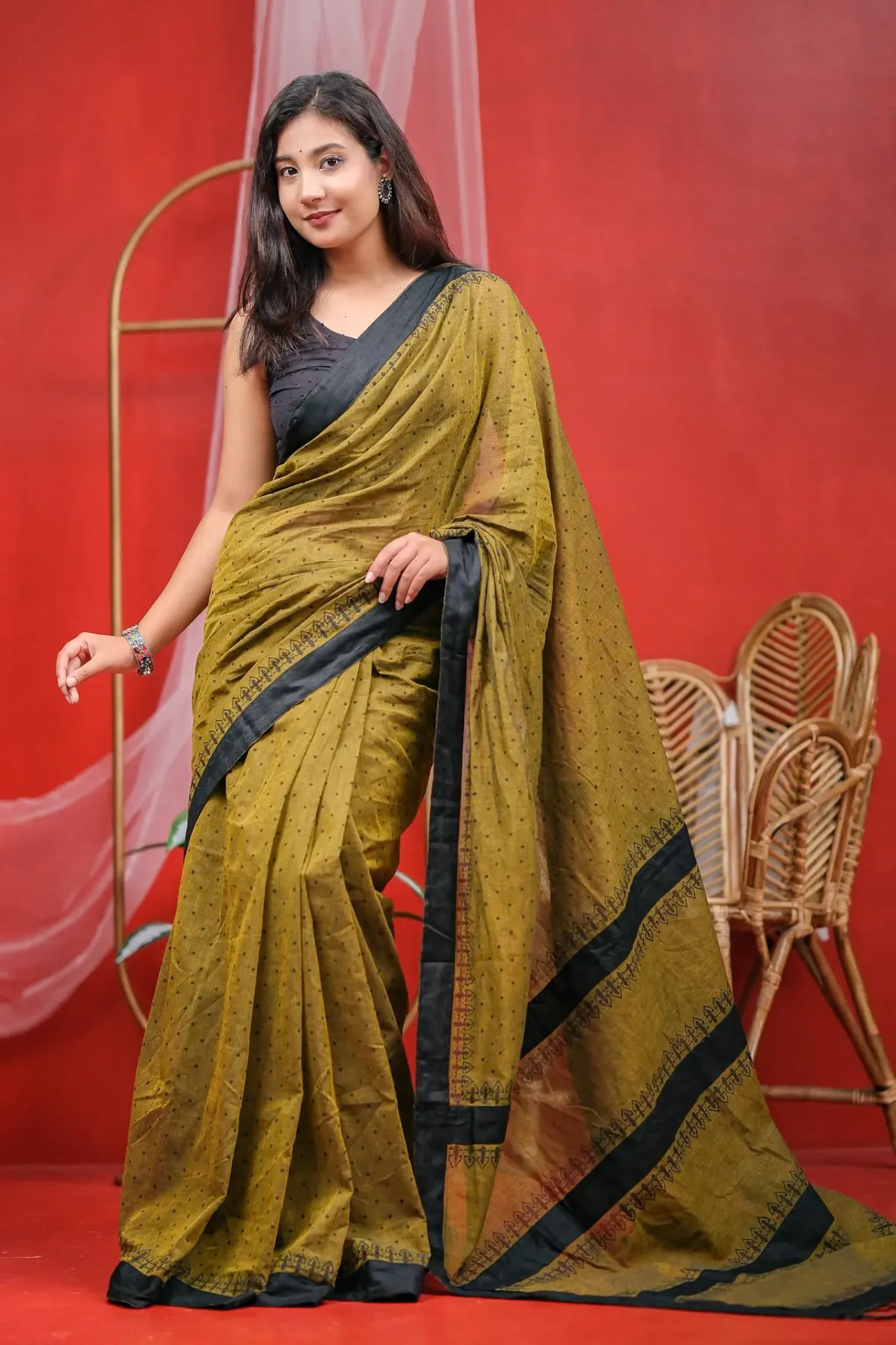 Olive Mustard Body Black Geometric Anchal Patchwork Sharee