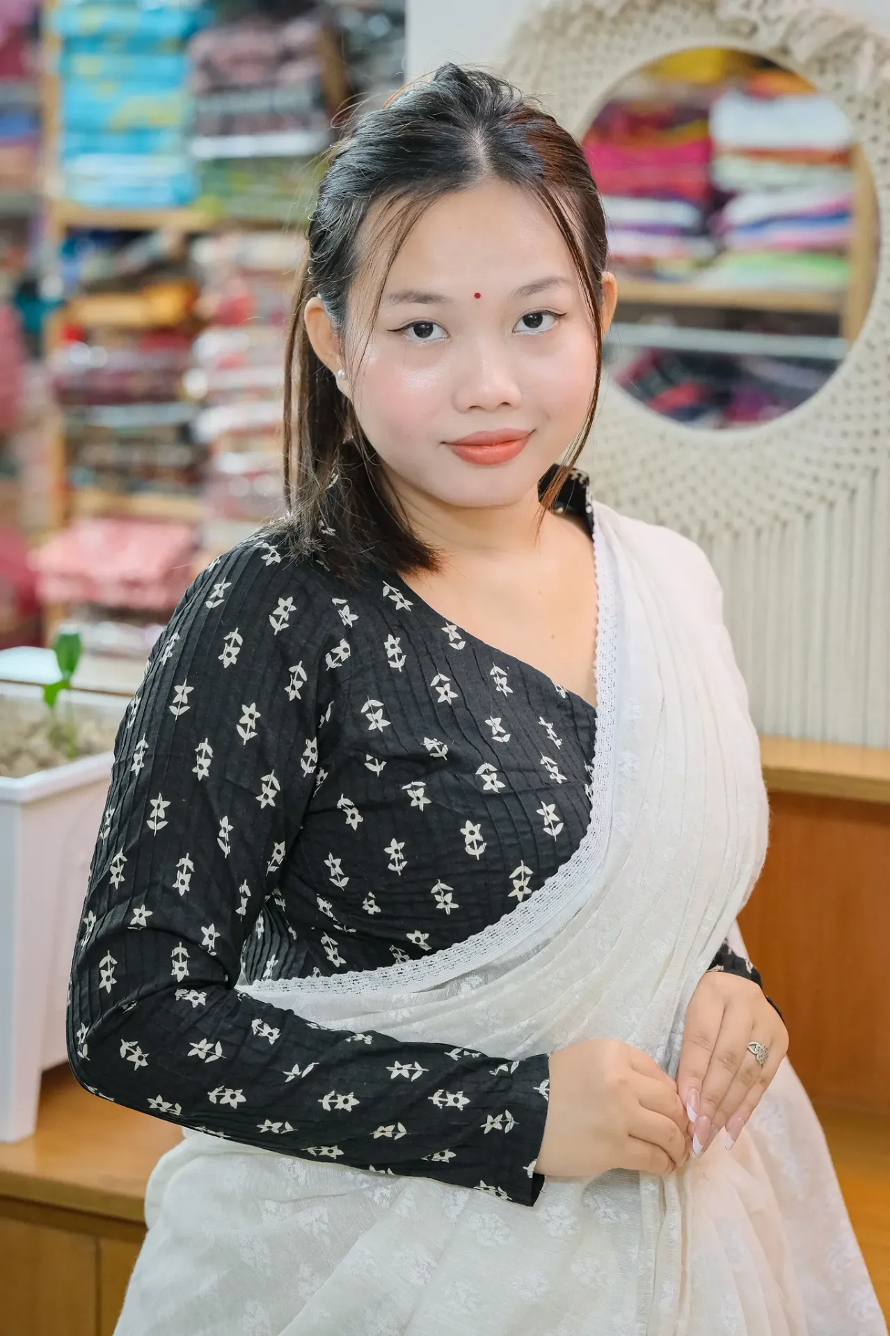 Black Cream Floral Leaf Full Sleeve Jaypuri Cotton Blouse