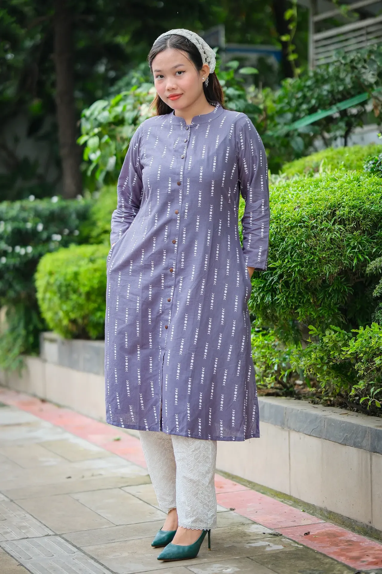 Slate Blue White Moon Design A-Shape Kurti