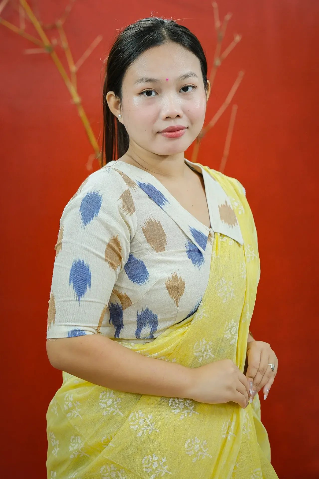 Cream Navy Brown Ikkat Cotton Blouse