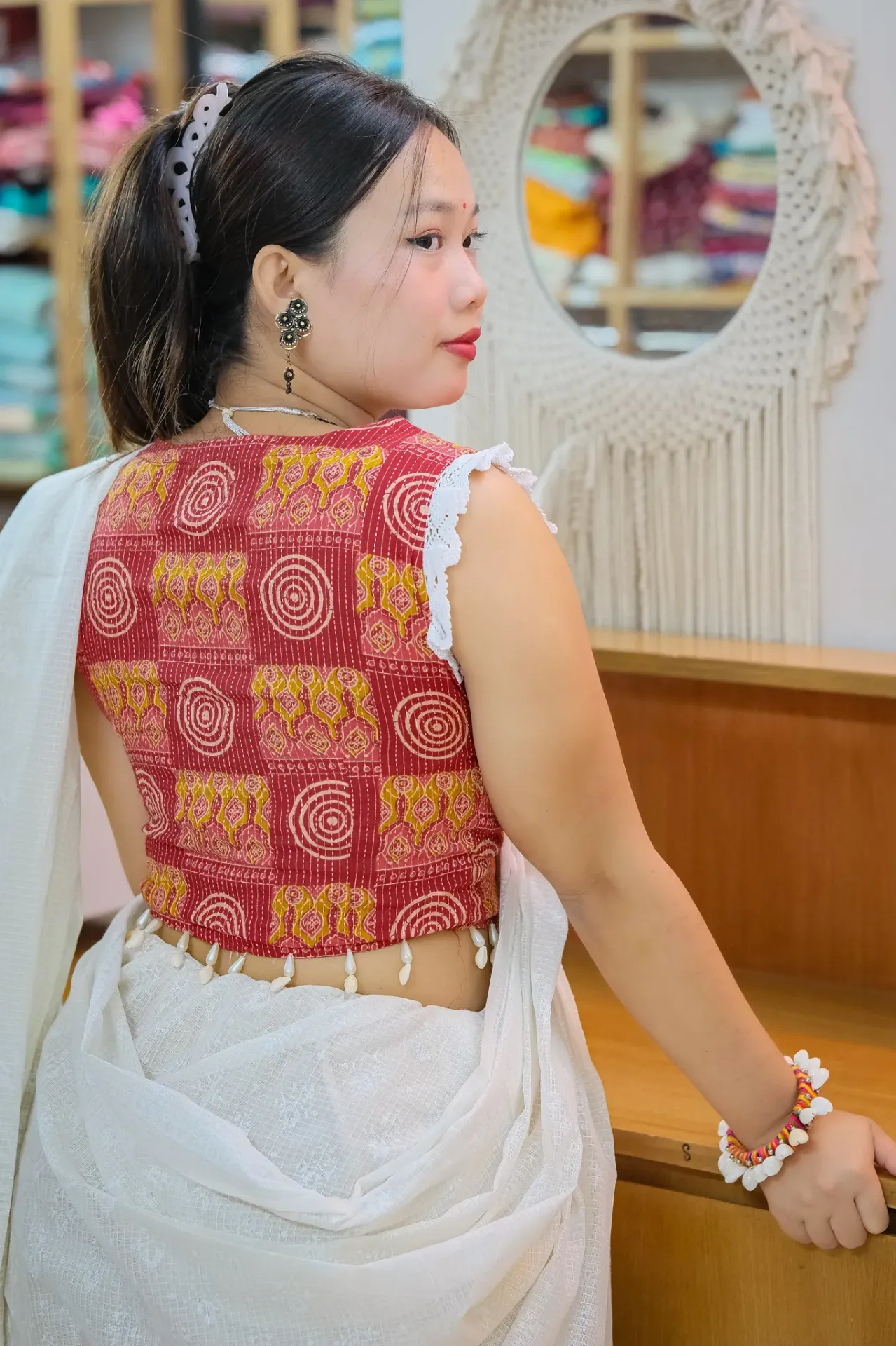 Deep Maroon White Lace Sleeveless Jaypuri Cotton Blouse