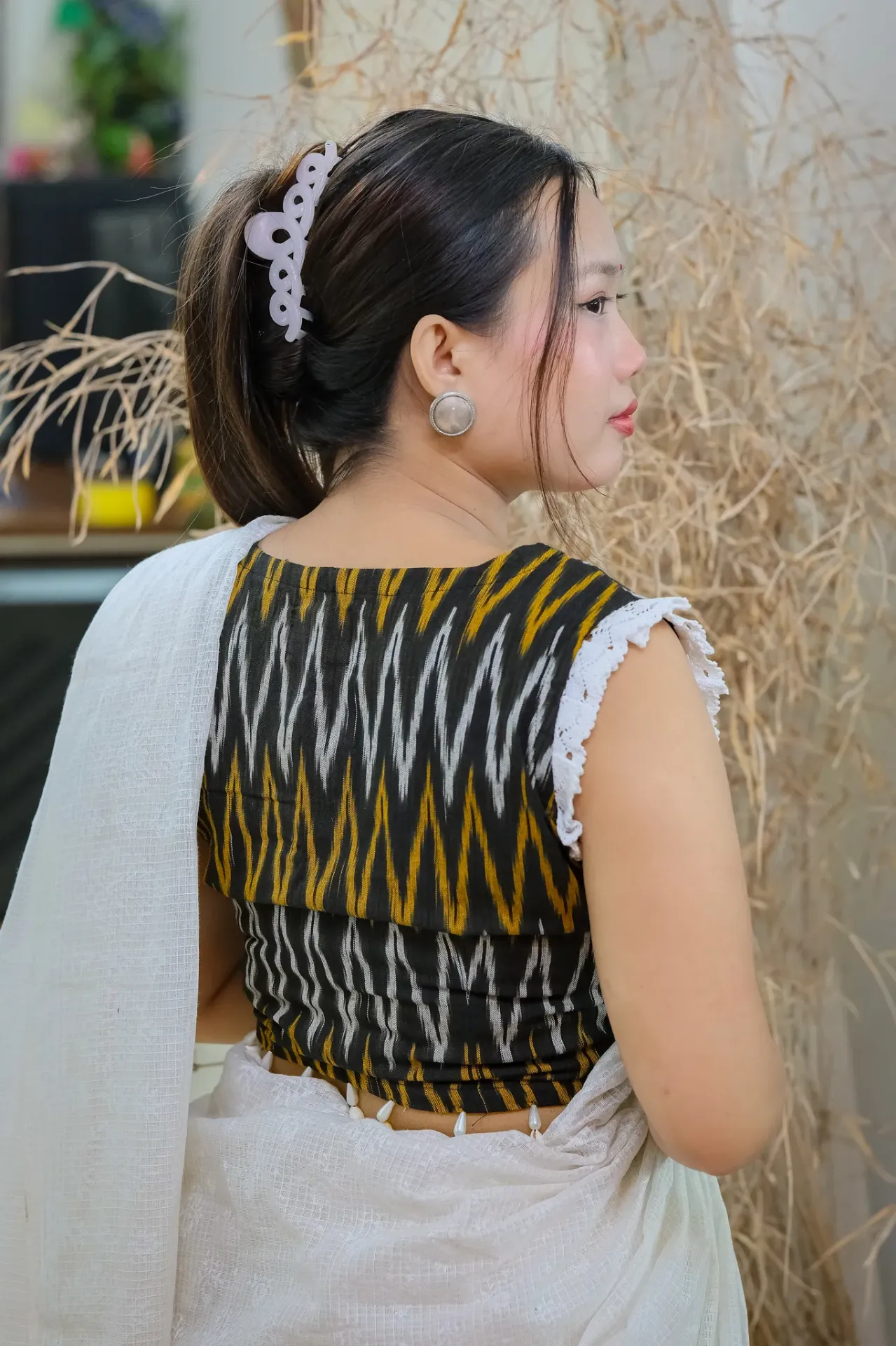 Black White Lace Sleeveless Ikkat Cotton Blouse