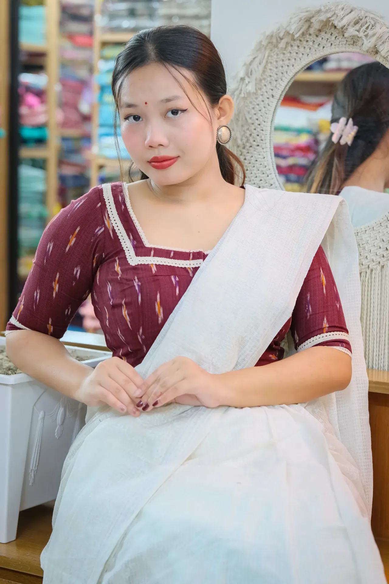 Wine Red Square Neckline Lace Work Ikkat Cotton Blouse