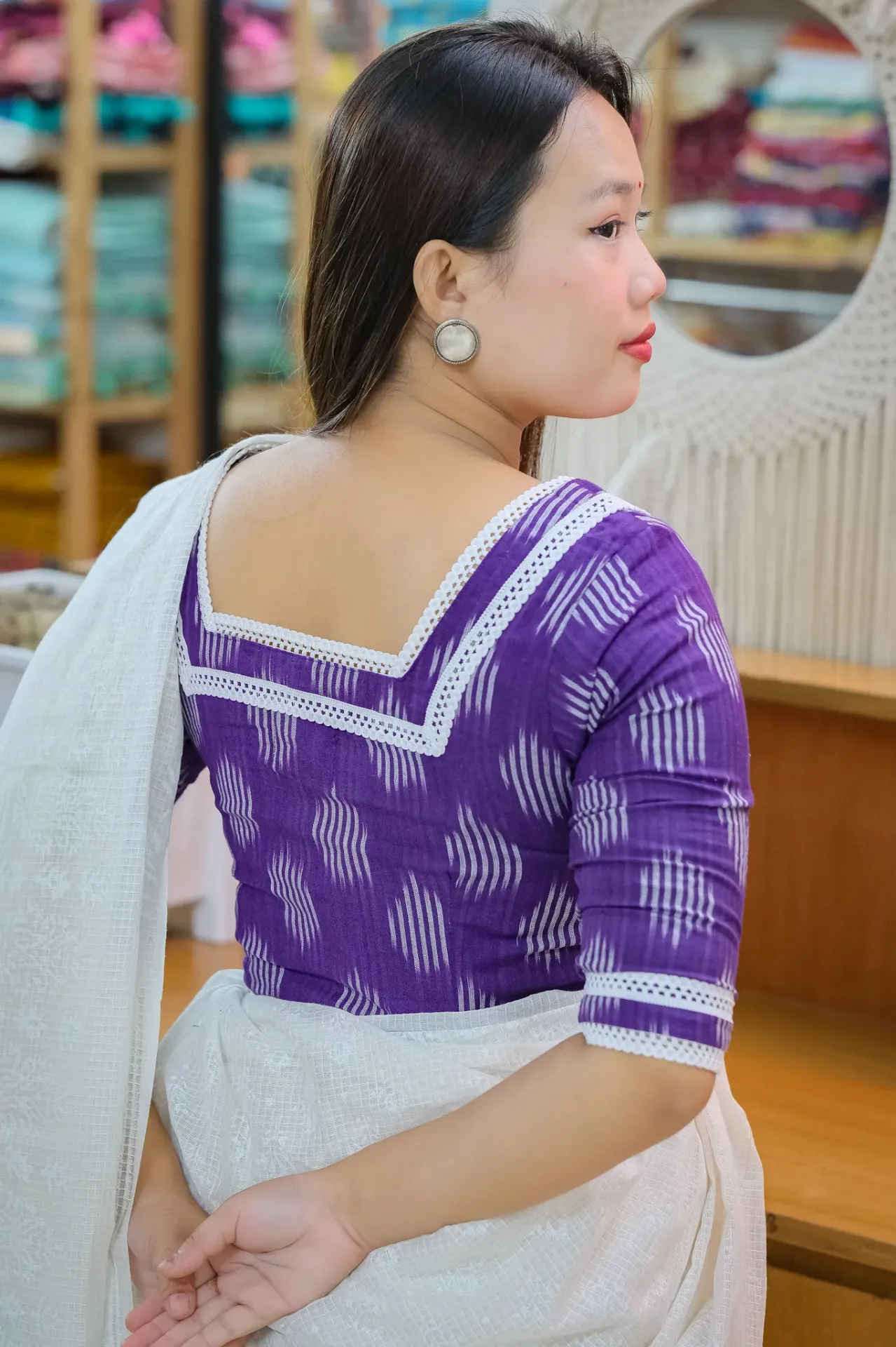 Indigo Purple Square Neckline Lace Work Ikkat Cotton Blouse