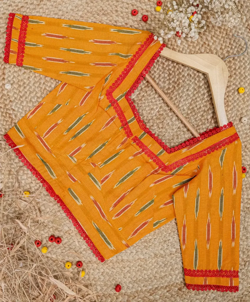 [0222] Mustard Yellow Red Lace Ikkat Cotton Blouse (34)