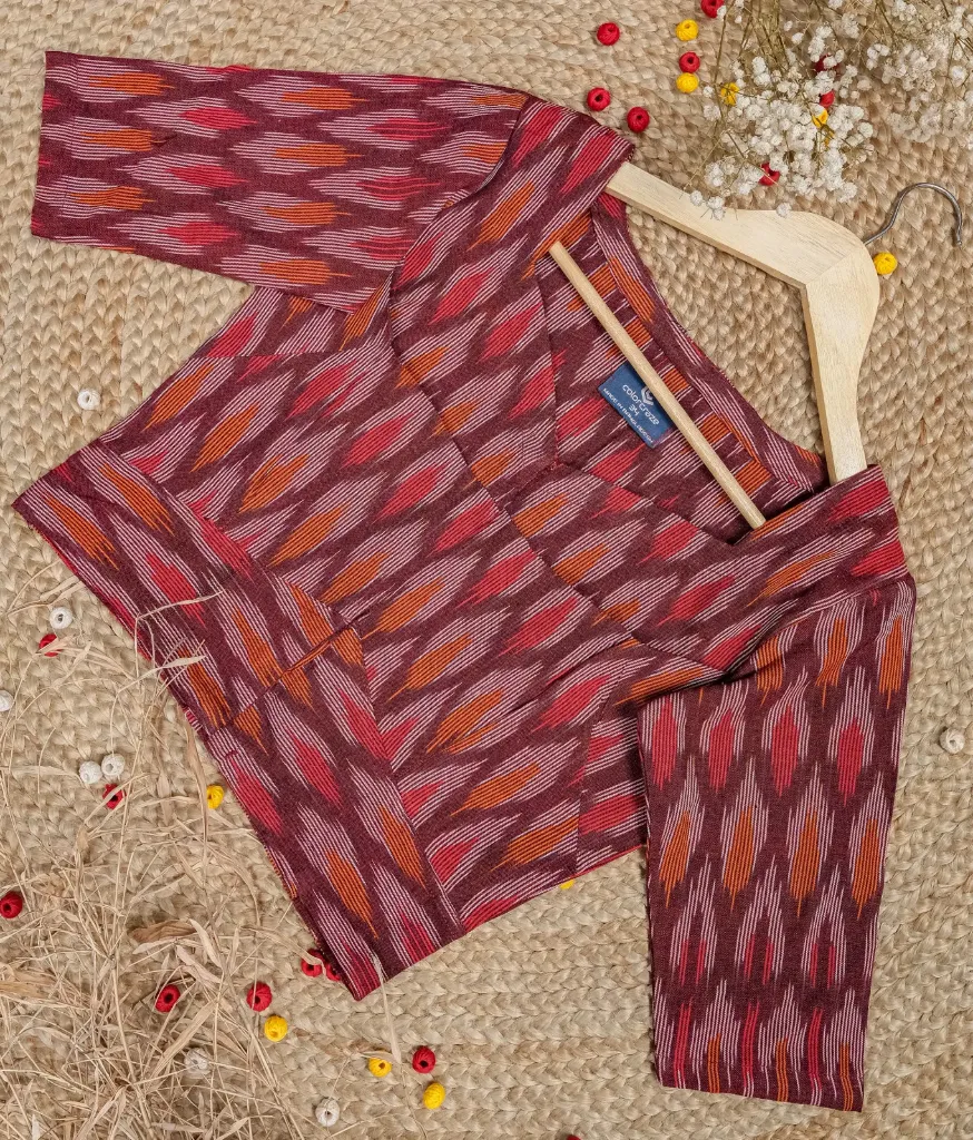 Burgundy Orange White Ikkat Cotton Blouse