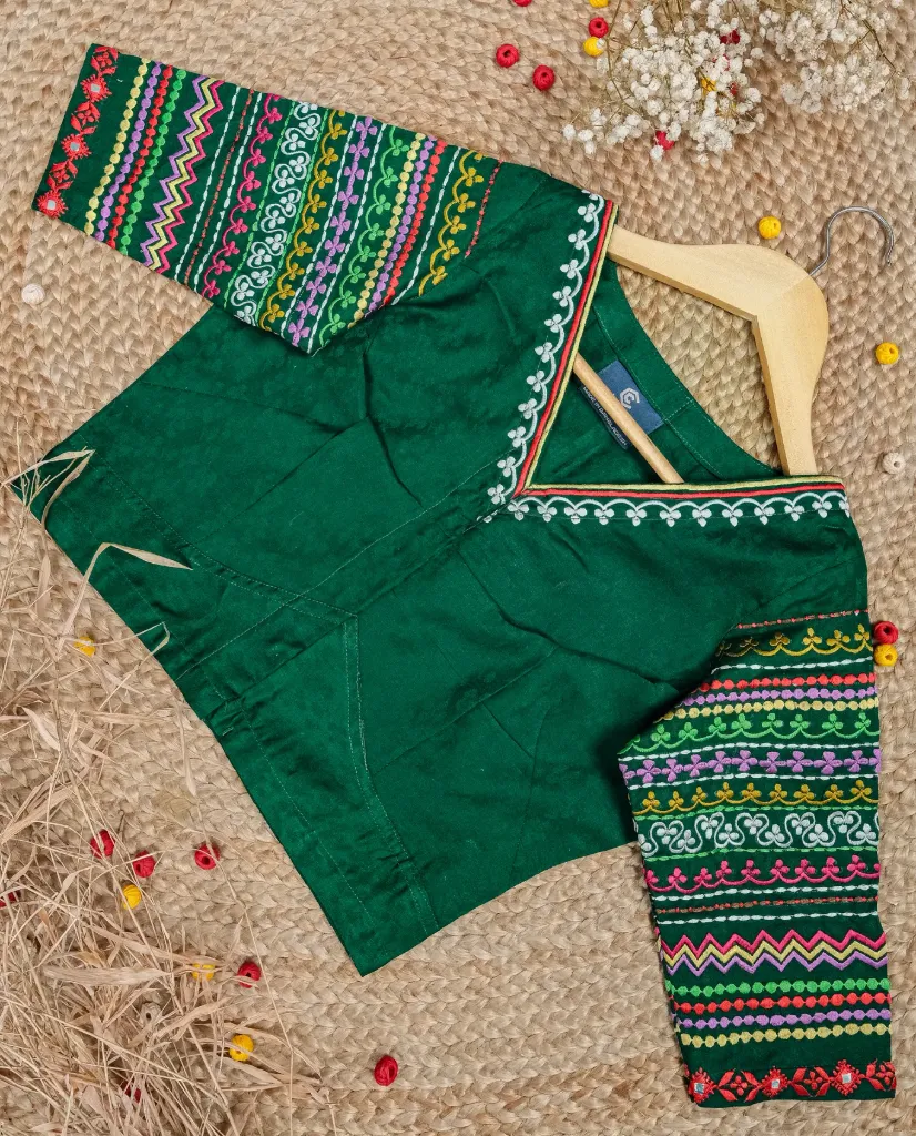 Moss Green Multicolor Floral Sleeve Embroidery Blouse