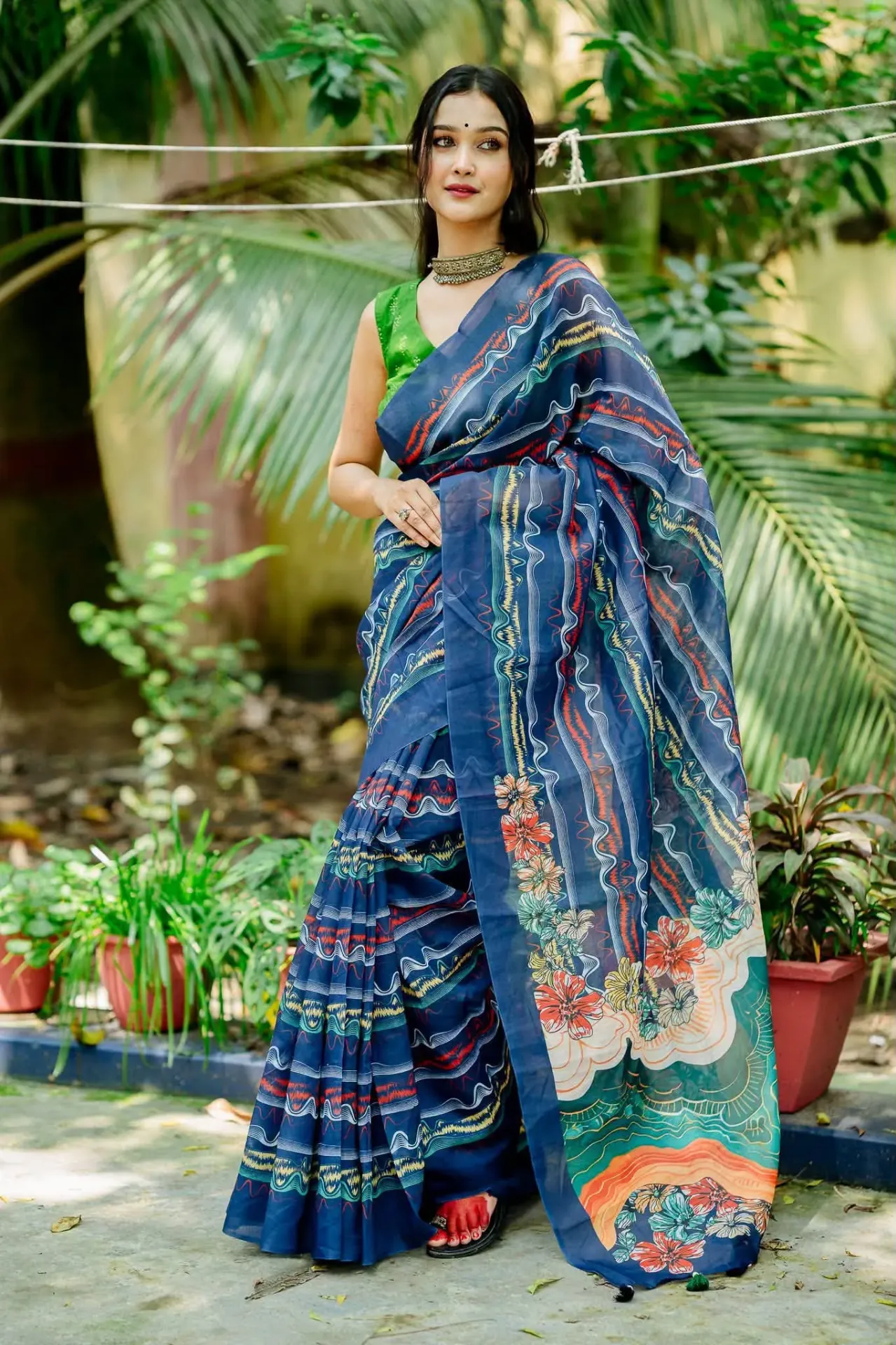 Navy Blue Body Multicolor Floral Anchal Mix Cotton Sharee