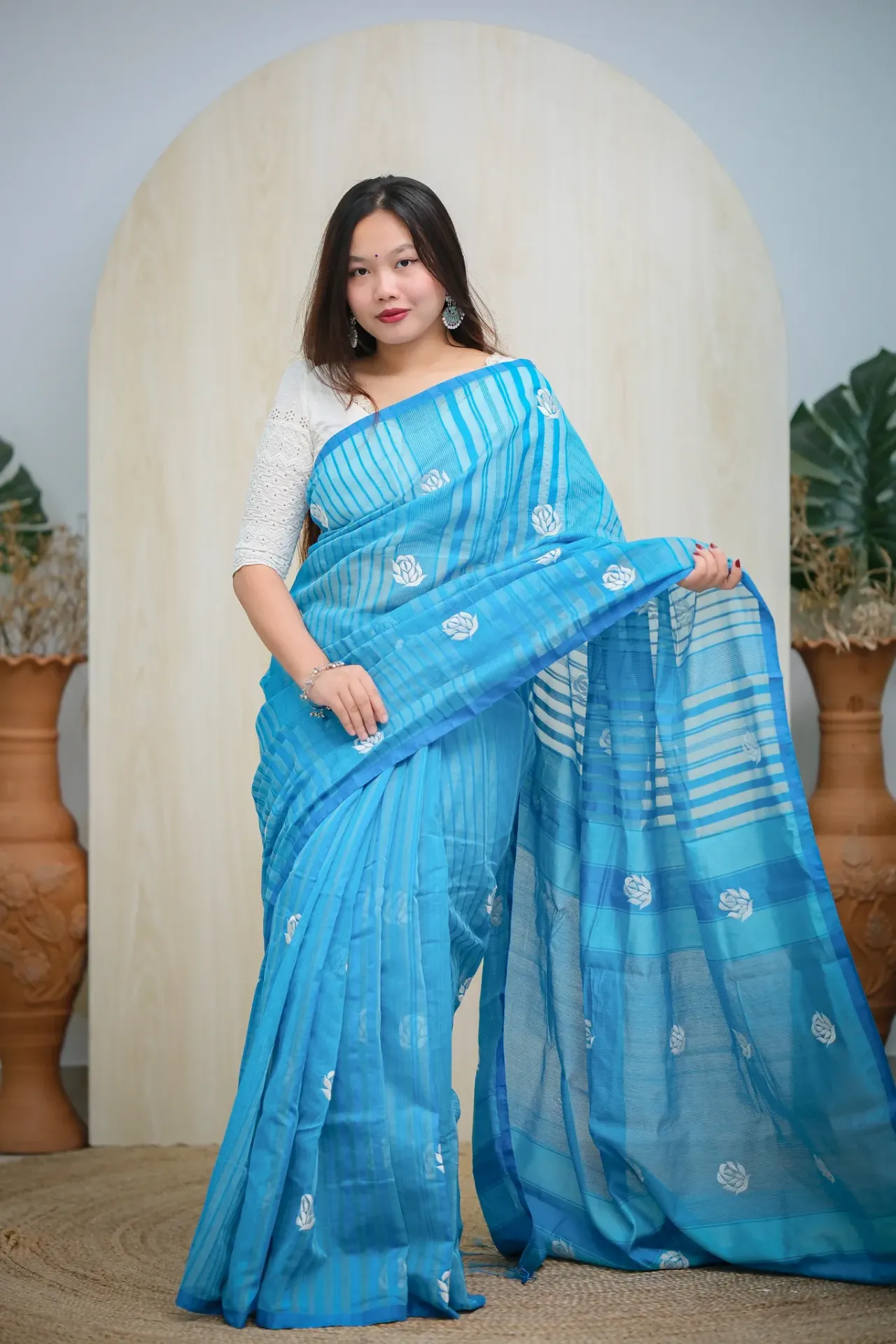 Vibrant Sky Blue White Floral Embroidery Sharee