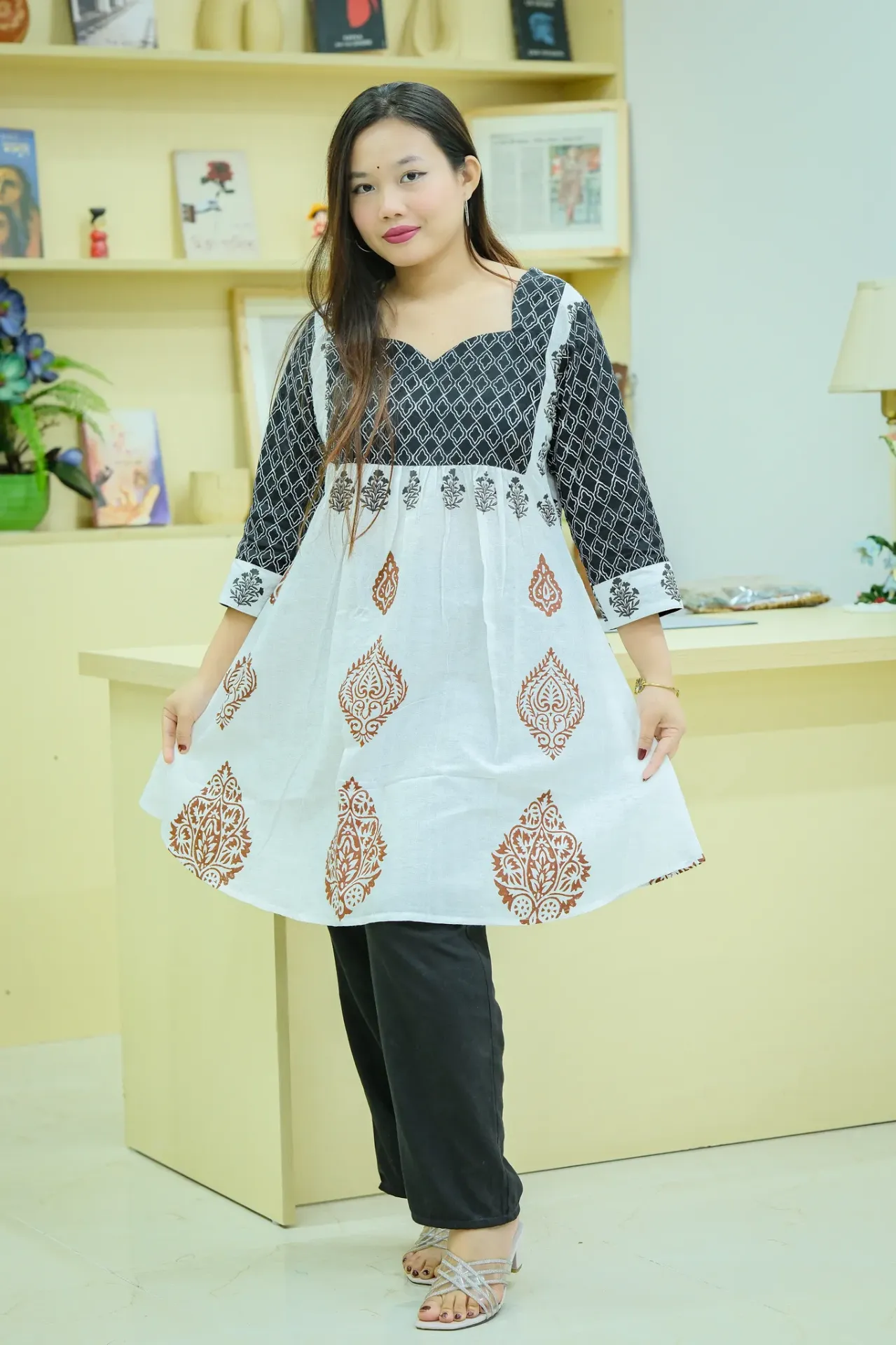 Black White Brown Princess Cut Neck Frock