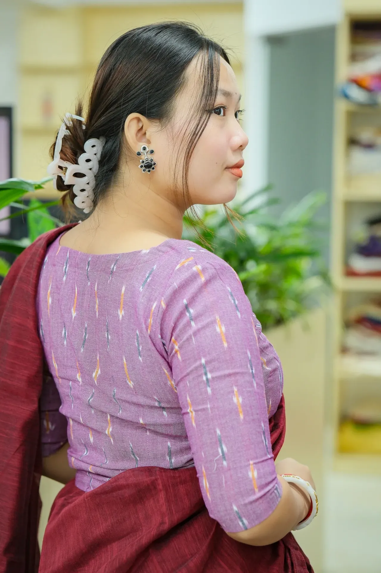 Mauve Orange White & Dark Grey Ikkat Cotton Blouse