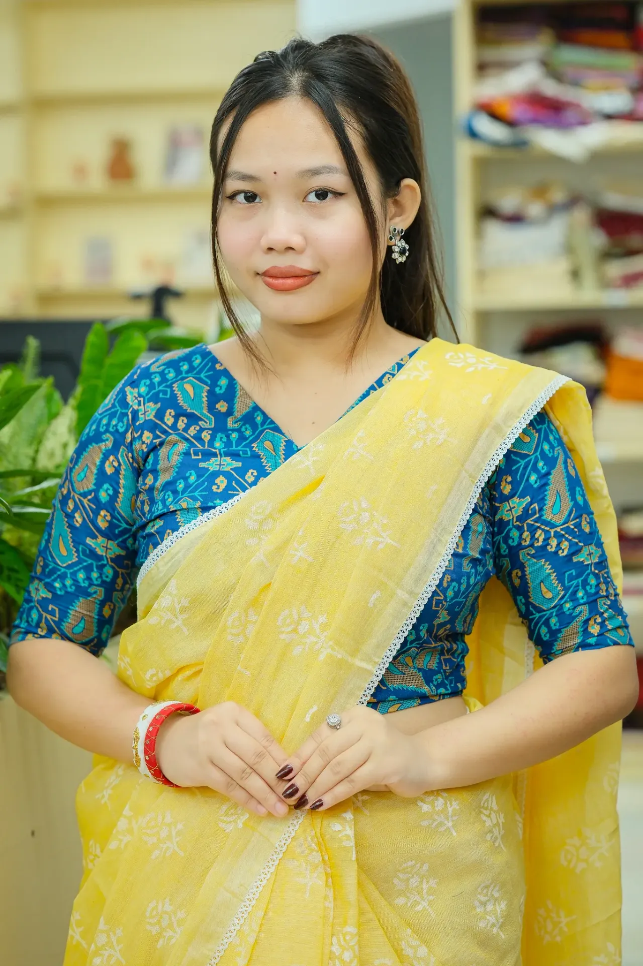 Deep Teal Blue Yellow Screen Print Cotton Blouse