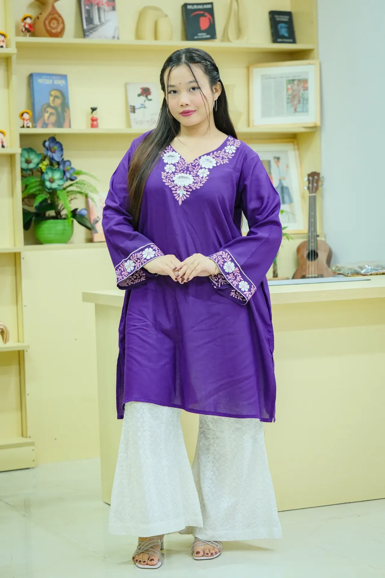 Deep Purple Embroidery Regular Short Kurti