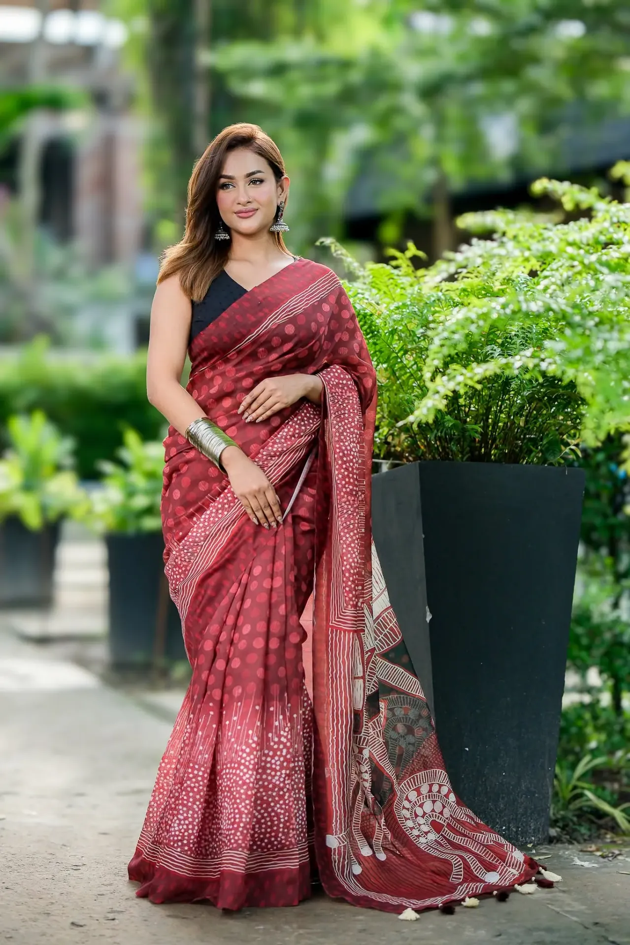 Trinika Deep Maroon White Polka Dot Geometric Border Mix Cotton Sharee